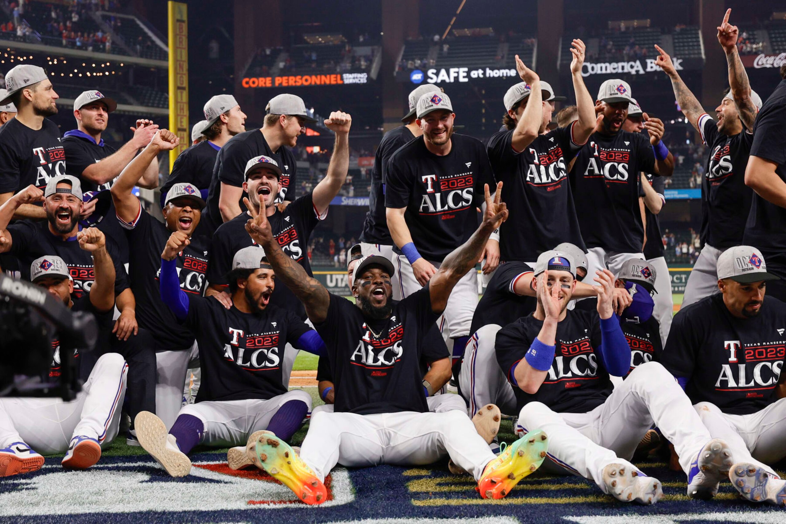 ARLINGTON, TEXAS - OCTOBER 10: Texas Rangers players celebrate after defeating the Baltimore Orioles in Game Three of the Division Series at Globe Life Field on October 10, 2023 in Arlington, Texas. (Photo by Carmen Mandato/Getty Images)