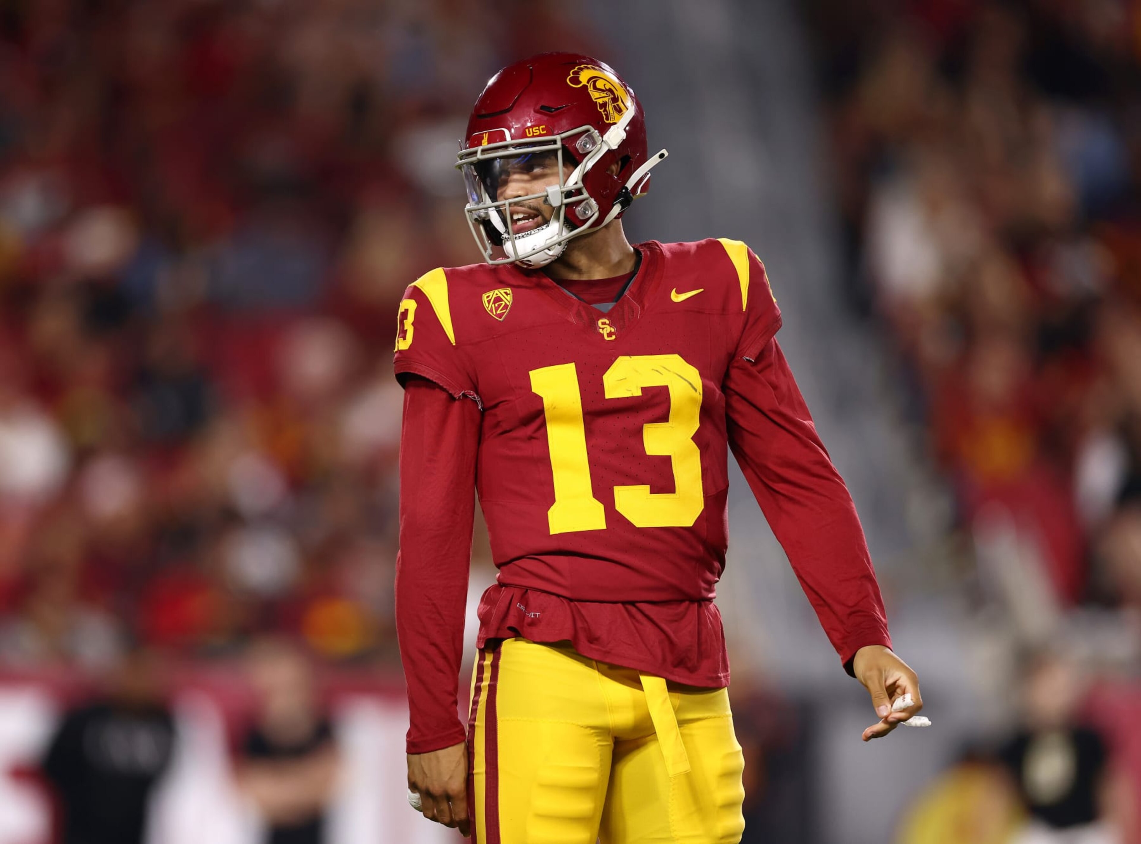 LOS ANGELES, CALIFORNIA - OCTOBER 07: Caleb Williams #13 of the USC Trojans looks on during the first quarter against the Arizona Wildcats at United Airlines Field at the Los Angeles Memorial Coliseum on October 07, 2023 in Los Angeles, California. (Photo by Katelyn Mulcahy/Getty Images) LOS ANGELES, CALIFORNIA - OCTOBER 07: Caleb Williams #13 of the USC Trojans looks on during the first quarter against the Arizona Wildcats at United Airlines Field at the Los Angeles Memorial Coliseum on October 07, 2023 in Los Angeles, California. (Photo by Katelyn Mulcahy/Getty Images)
