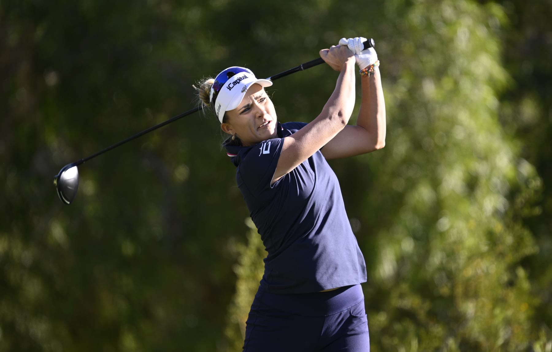 LAS VEGAS, NEVADA - OCTOBER 13: Lexi Thompson of the United States plays her shot from the 13th tee during the second round of the Shriners Children's Open at TPC Summerlin on October 13, 2023 in Las Vegas, Nevada. (Photo by Orlando Ramirez/Getty Images)