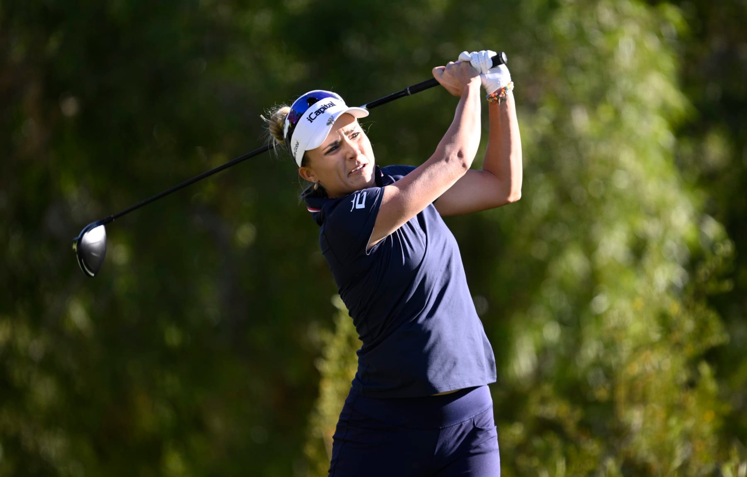 LAS VEGAS, NEVADA - OCTOBER 13: Lexi Thompson of the United States plays her shot from the 13th tee during the second round of the Shriners Children's Open at TPC Summerlin on October 13, 2023 in Las Vegas, Nevada. (Photo by Orlando Ramirez/Getty Images)