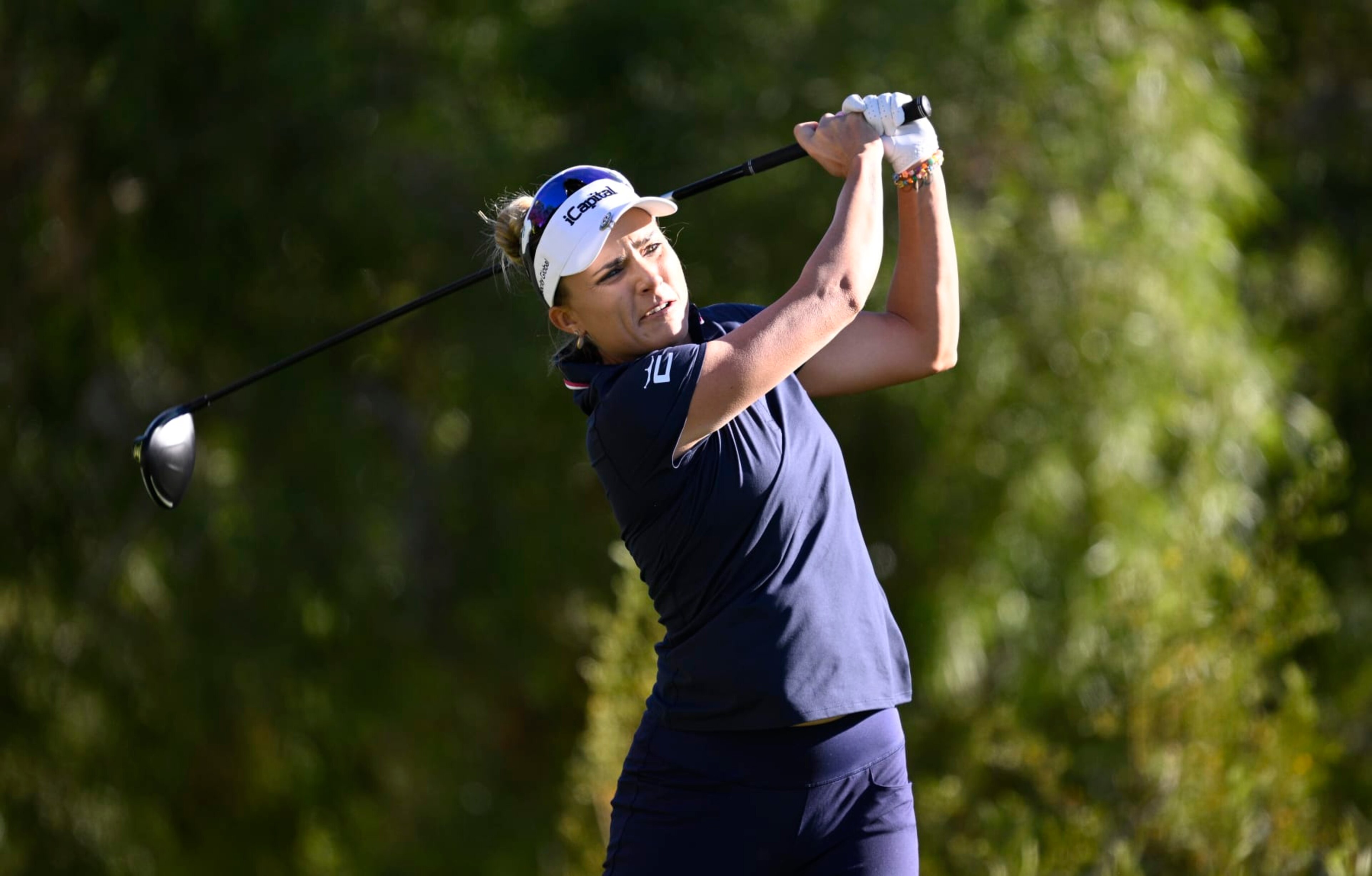 LAS VEGAS, NEVADA - OCTOBER 13: Lexi Thompson of the United States plays her shot from the 13th tee during the second round of the Shriners Children's Open at TPC Summerlin on October 13, 2023 in Las Vegas, Nevada. (Photo by Orlando Ramirez/Getty Images)