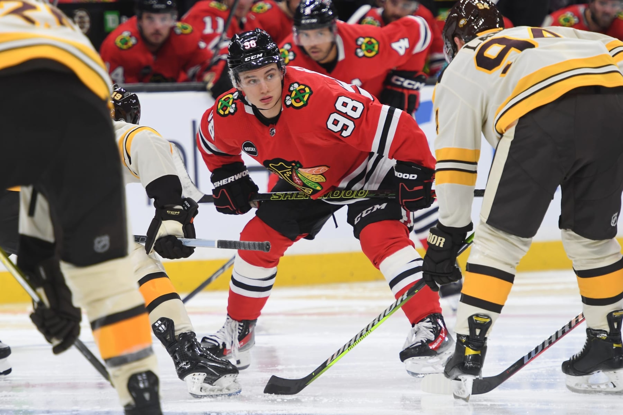 BOSTON, MASSACHUSETTS - OCTOBER 11: Connor Bedard #98 of the Chicago Blackhawks waits for a face off against the Boston Bruins in the season opener on October 11, 2023 at the TD Garden in Boston, Massachusetts. (Photo by Steve Babineau/NHLI via Getty Images)