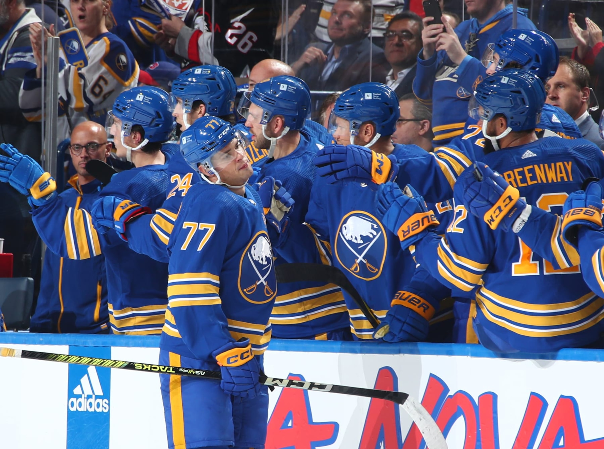 BUFFALO, NEW YORK - OCTOBER 12: JJ Peterka #77 of the Buffalo Sabres celebrates a late second period goal against the New York Rangers during an NHL game on October 12, 2023 at KeyBank Center in Buffalo, New York. (Photo by Bill Wippert/NHLI via Getty Images)