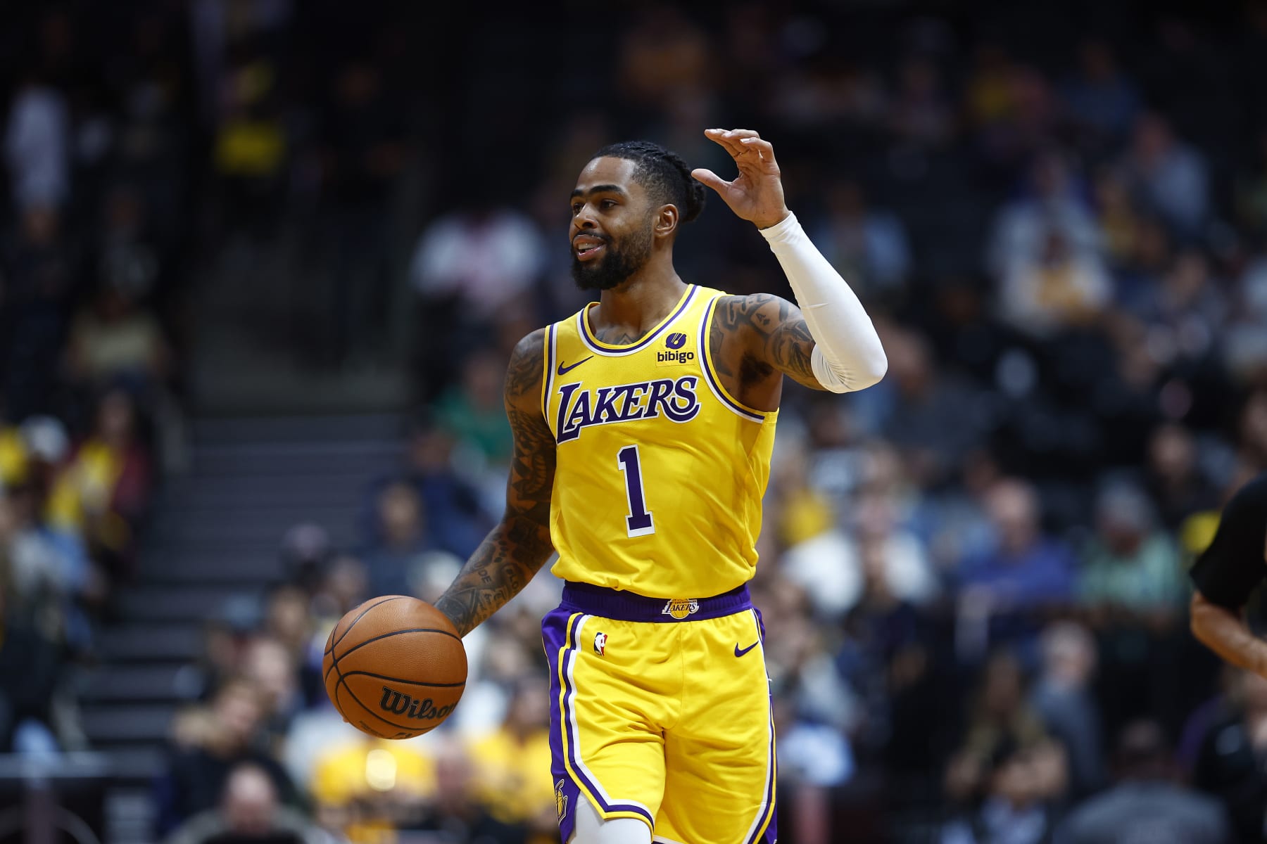 ANAHEIM, CALIFORNIA - OCTOBER 11:  D'Angelo Russell #1 of the Los Angeles Lakers in the second half at Honda Center on October 11, 2023 in Anaheim, California.  NOTE TO USER: User expressly acknowledges and agrees that, by downloading and/or using this photograph, user is consenting to the terms and conditions of the Getty Images License Agreement. (Photo by Ronald Martinez/Getty Images)