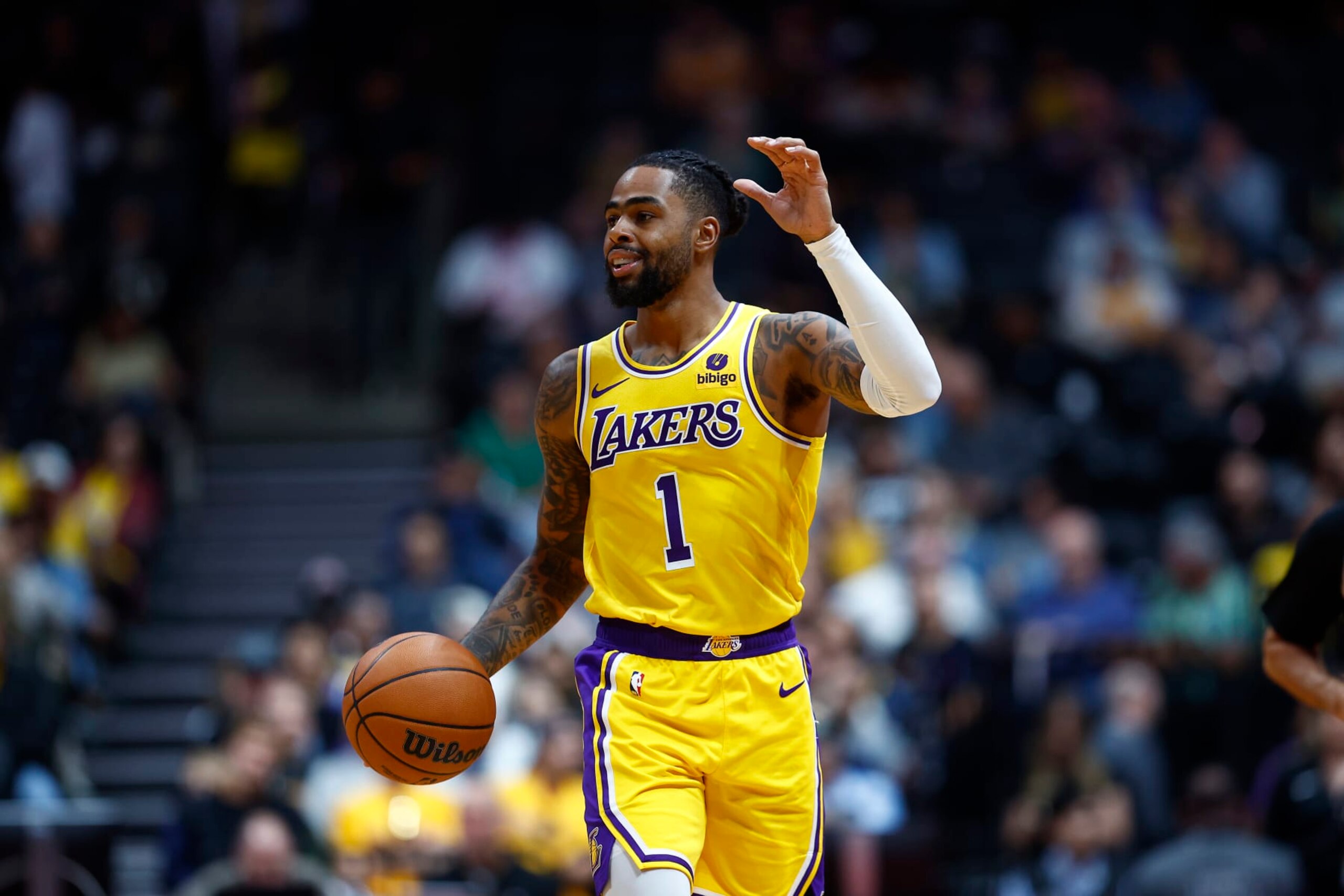 ANAHEIM, CALIFORNIA - OCTOBER 11:  D'Angelo Russell #1 of the Los Angeles Lakers in the second half at Honda Center on October 11, 2023 in Anaheim, California.  NOTE TO USER: User expressly acknowledges and agrees that, by downloading and/or using this photograph, user is consenting to the terms and conditions of the Getty Images License Agreement. (Photo by Ronald Martinez/Getty Images)