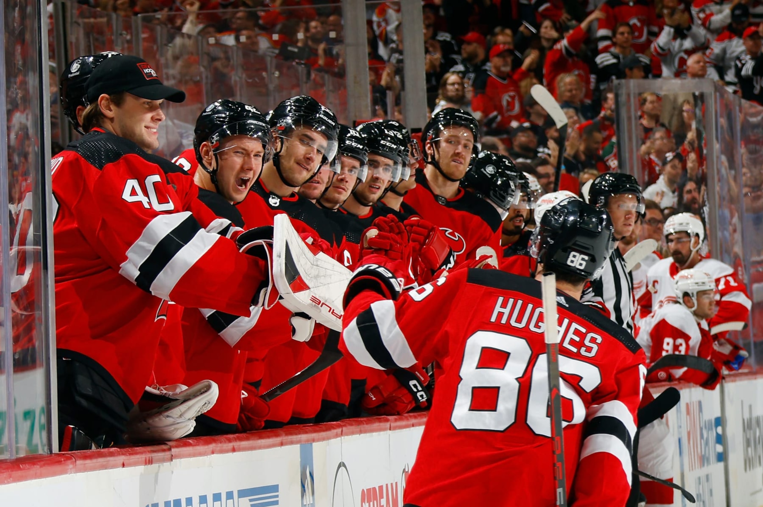 NEWARK, NEW JERSEY - OCTOBER 12: Jack Hughes #86 of the New Jersey Devils celebrates his first goal of the second period against the Detroit Red Wings at the Prudential Center on October 12, 2023 in Newark, New Jersey. (Photo by Bruce Bennett/Getty Images)