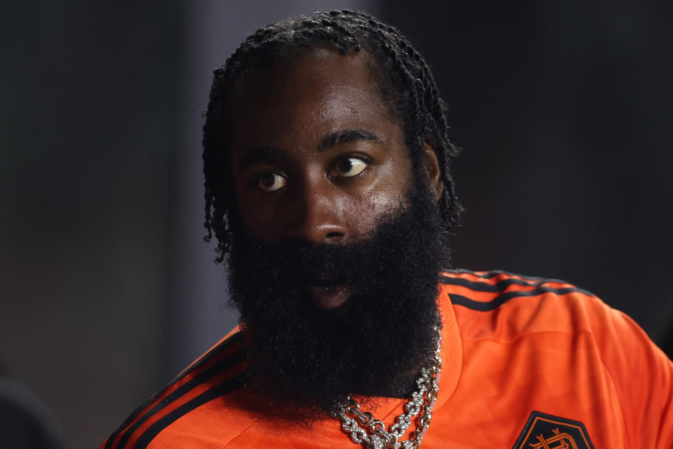 FORT LAUDERDALE, FLORIDA - SEPTEMBER 27: James Harden of the Philadelphia 76ers watches the match between Inter Miami and the Houston Dynamo during the 2023 U.S. Open Cup Final at DRV PNK Stadium on September 27, 2023 in Fort Lauderdale, Florida. (Photo by Megan Briggs/Getty Images)
