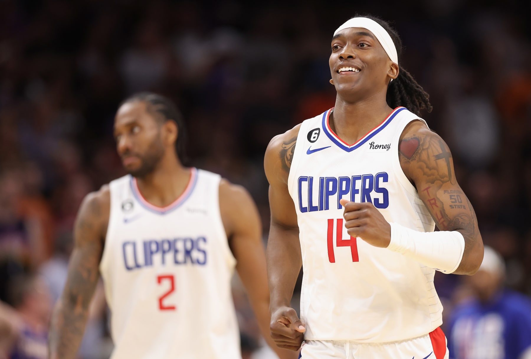 PHOENIX, ARIZONA - APRIL 16:  Terance Mann #14 of the LA Clippers reacts during the final moments of Game One of the Western Conference First Round Playoffs at Footprint Center on April 16, 2023 in Phoenix, Arizona.  The Clippers defeated the Suns 115-110. NOTE TO USER: User expressly acknowledges and agrees that, by downloading and or using this photograph, User is consenting to the terms and conditions of the Getty Images License Agreement.  (Photo by Christian Petersen/Getty Images)