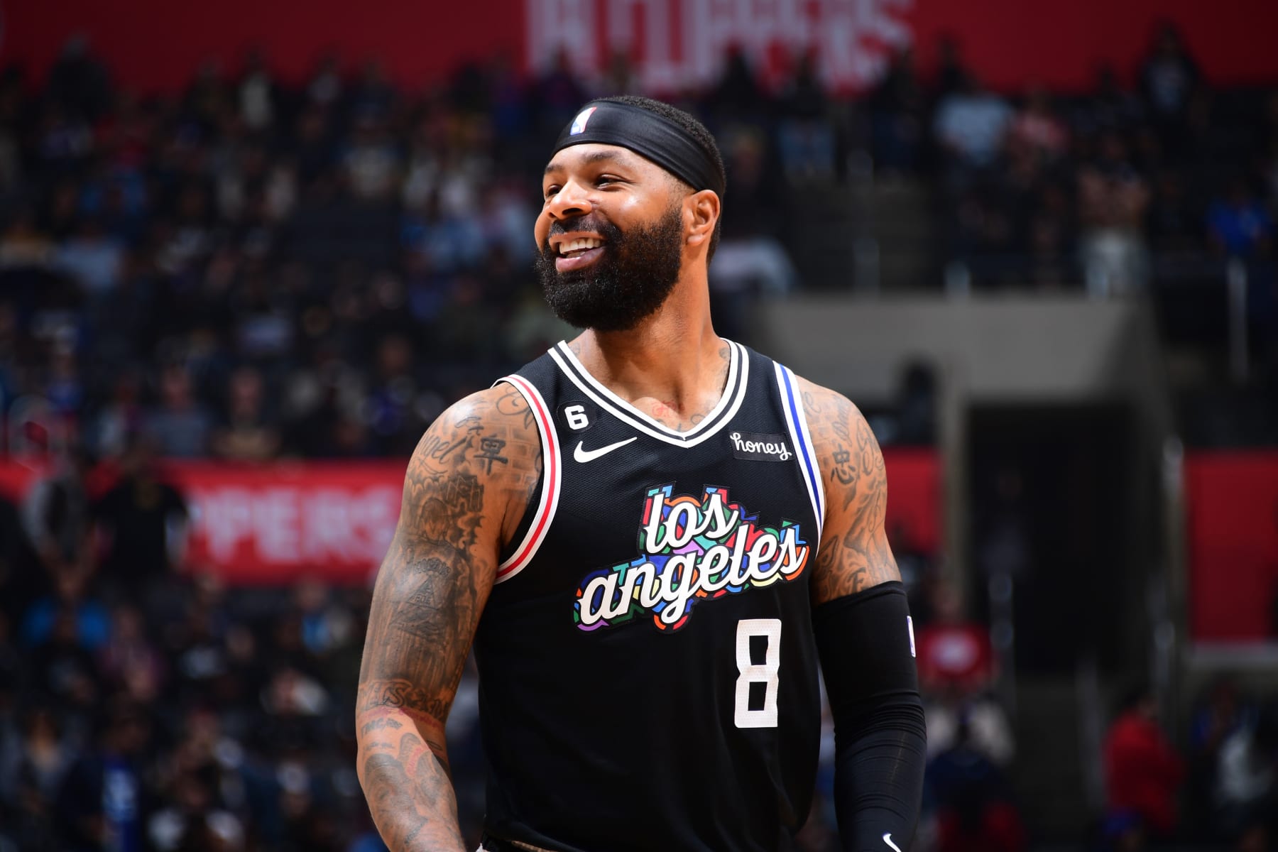 LOS ANGELES, CA - MARCH 18: Marcus Morris Sr. #8 of the LA Clippers looks on during the game against the Orlando Magic on March 18, 2023 at Crypto.Com Arena in Los Angeles, California. NOTE TO USER: User expressly acknowledges and agrees that, by downloading and/or using this Photograph, user is consenting to the terms and conditions of the Getty Images License Agreement. Mandatory Copyright Notice: Copyright 2023 NBAE (Photo by Adam Pantozzi/NBAE via Getty Images)