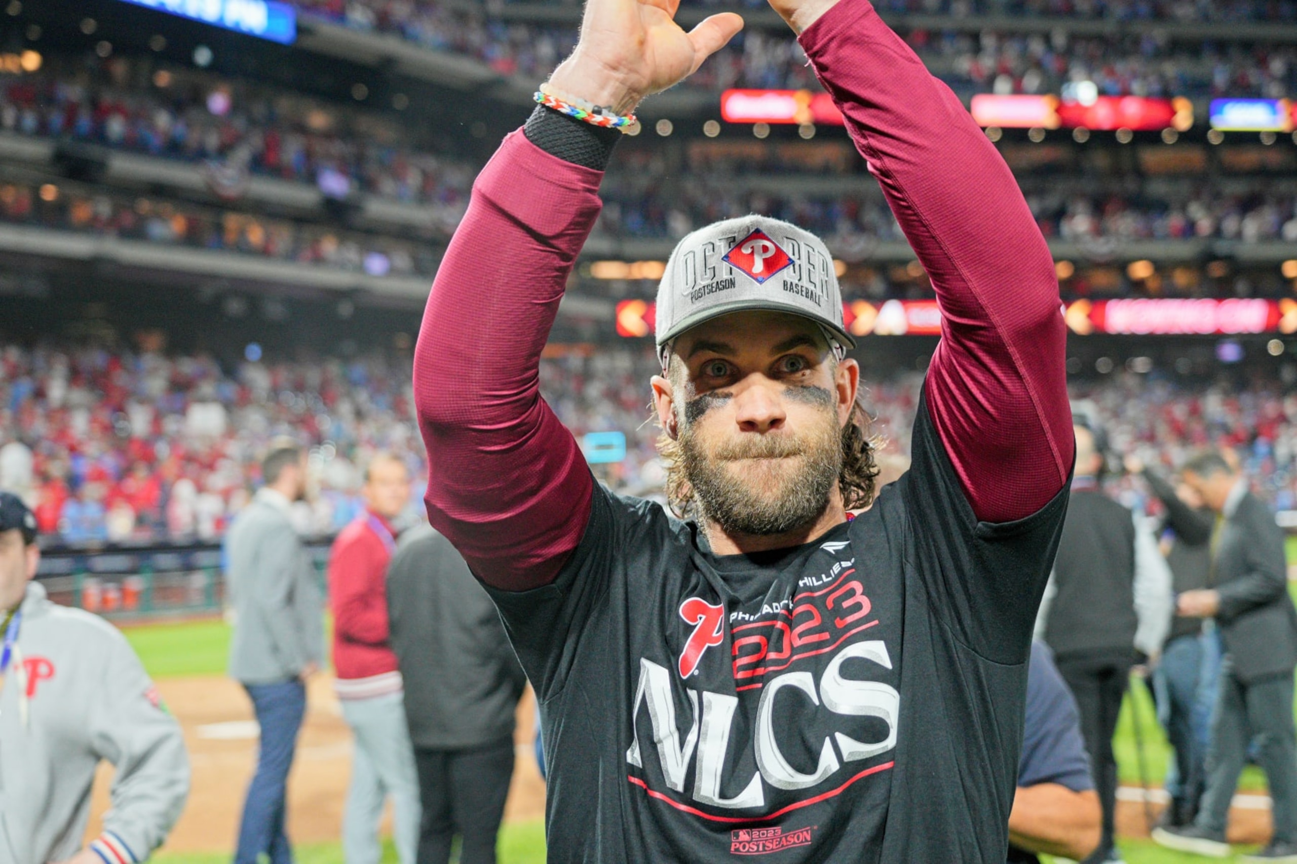 PHILADELPHIA, PA - OCTOBER 12: Philadelphia Phillies designated hitter Bryce Harper (3) celebrates winning game four of the NLDS game between the Atlanta Braves and the Philadelphia Phillies on October 12, 2023, at Citizens Bank Park. (Photo by Andy Lewis/Icon Sportswire via Getty Images)