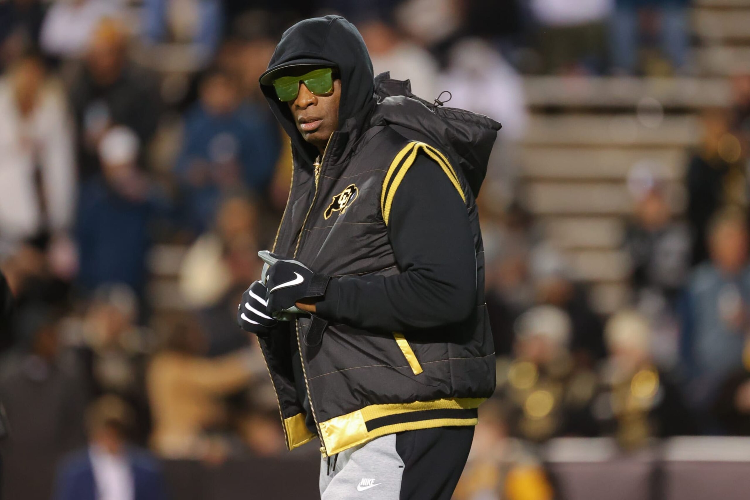 BOULDER, COLORADO - OCTOBER 13: Head coach Deion Sanders of the Colorado Buffaloes watches his team during warm-ups before taking on the Stanford Cardinal at Folsom Field on October 13, 2023 in Boulder, Colorado. (Photo by Justin Tafoya/Getty Images)