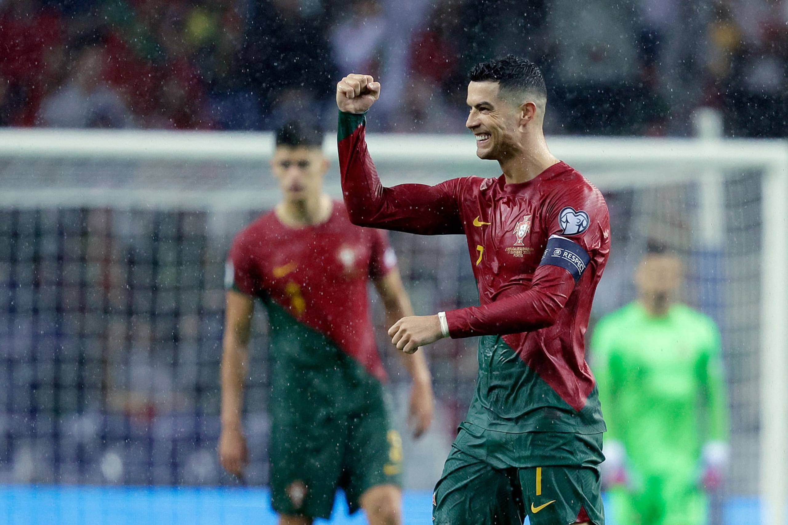 PORTO, PORTUGAL - OCTOBER 13: Cristiano Ronaldo of Portugal celebrates 3-0 during the  EURO Qualifier match between Portugal  v Slovakia at the Estadio Do Dragao on October 13, 2023 in Porto Portugal (Photo by David S.Bustamante/Soccrates/Getty Images)