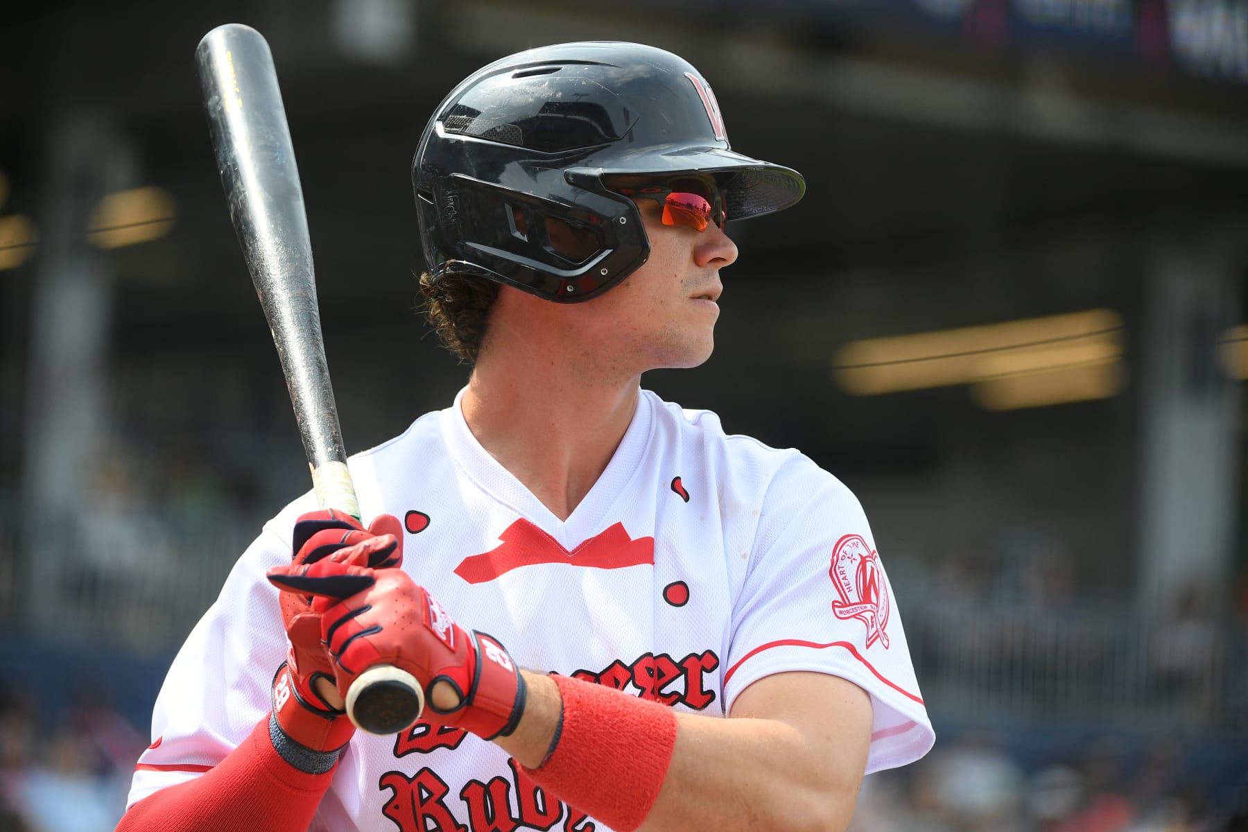 WORCESTER, MA - JUNE 11: Worcester Red Sox infielder Bobby Dalbec (29) takes an at bat during an MiLB AAA International League game between the Rochester Red Wings and Worcester Red Sox on June 11, 2023, at Polar Park in Worcester, MA. The Worcester Red Sox paid homage to the Worcester Worcesters of the 1800s by wearing special "Worcester Ruby Legs" uniforms as part of MiLB's "What If?" promotional series. (Photo by Erica Denhoff/Icon Sportswire via Getty Images)