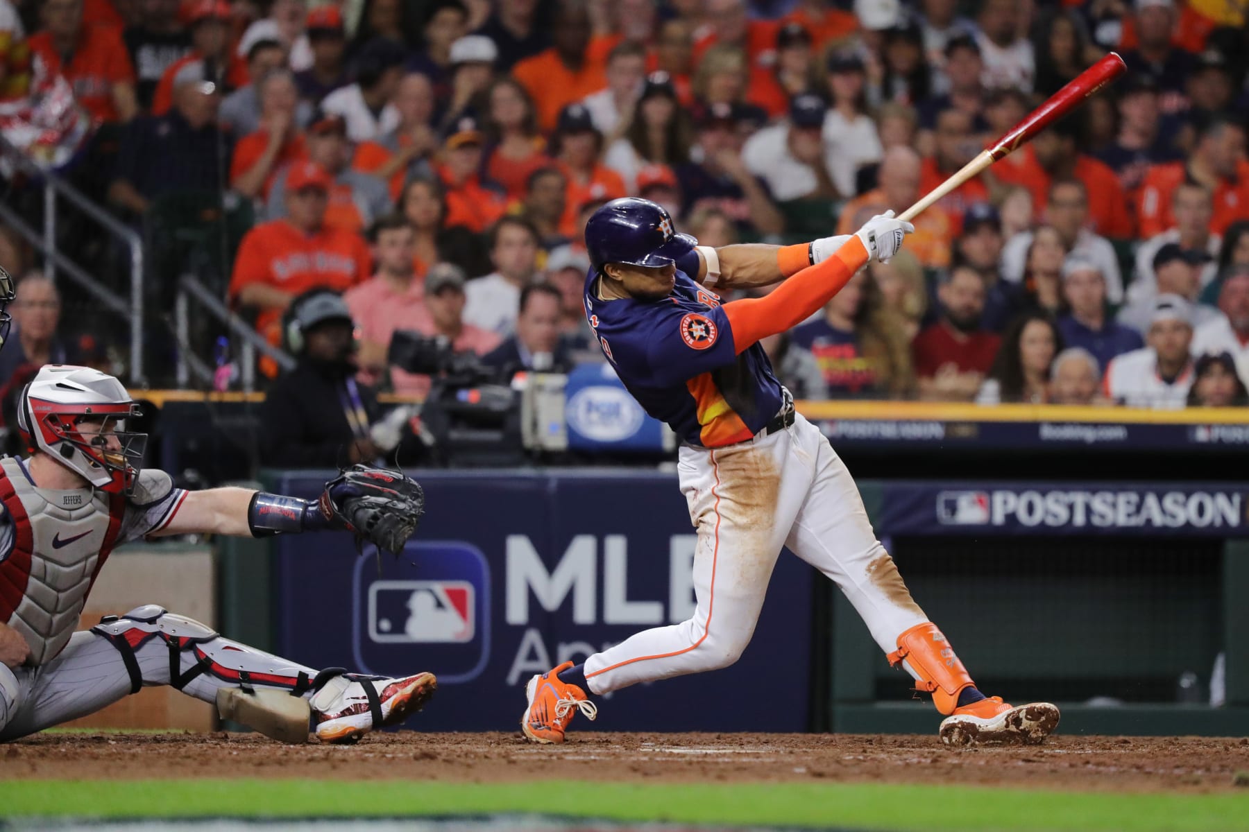 HOUSTON, TEXAS - OCTOBER 08: Jeremy Pena #3 of the Houston Astros hits a double against the Minnesota Twins during the fifth inning in Game Two of the Division Series at Minute Maid Park on October 08, 2023 in Houston, Texas. (Photo by Bob Levey/Getty Images)