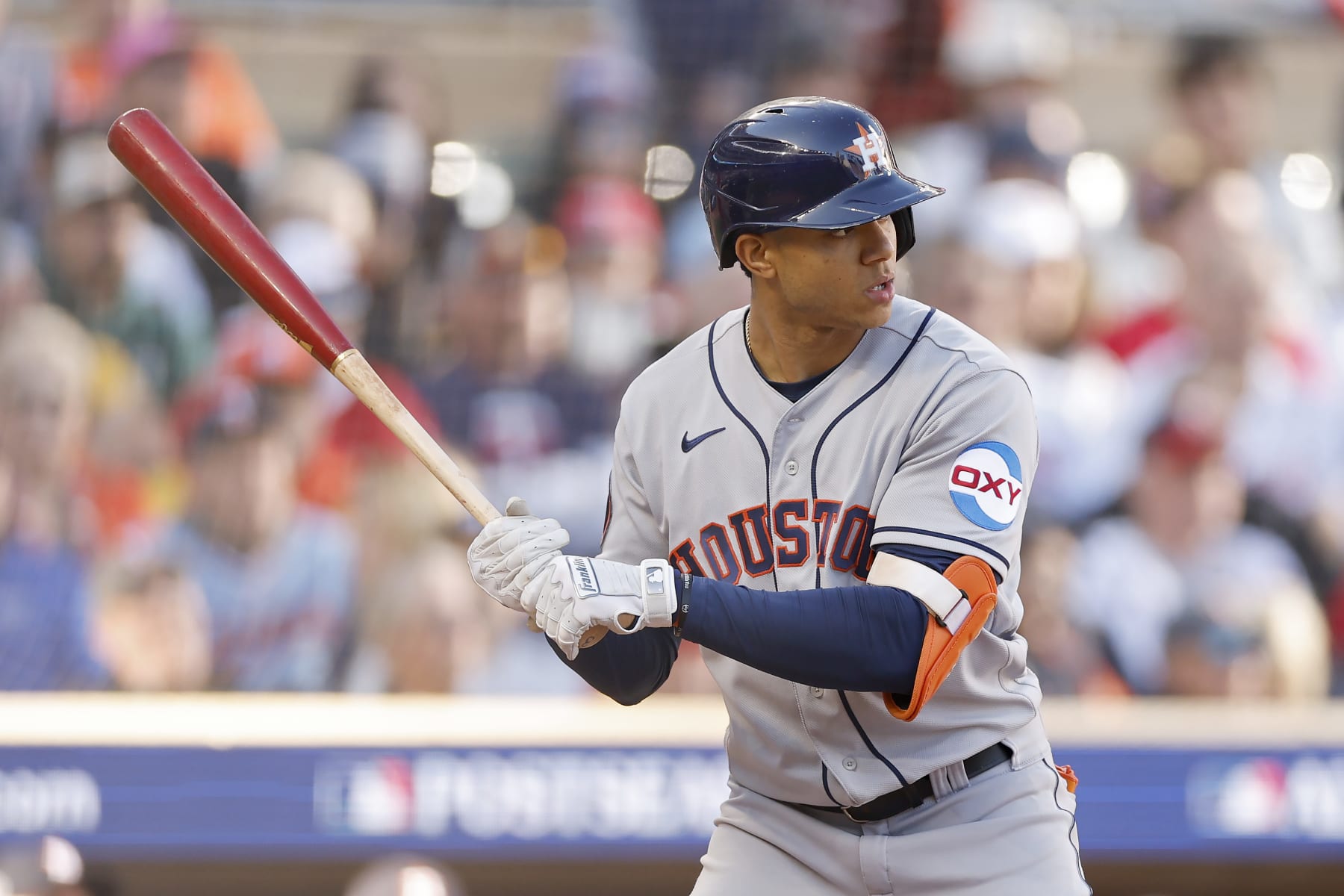 MINNEAPOLIS, MINNESOTA - OCTOBER 10: Jeremy Peña #3 of the Houston Astros bats in the second inning against the Minnesota Twins during Game Three of the Division Series at Target Field on October 10, 2023 in Minneapolis, Minnesota. (Photo by David Berding/Getty Images)