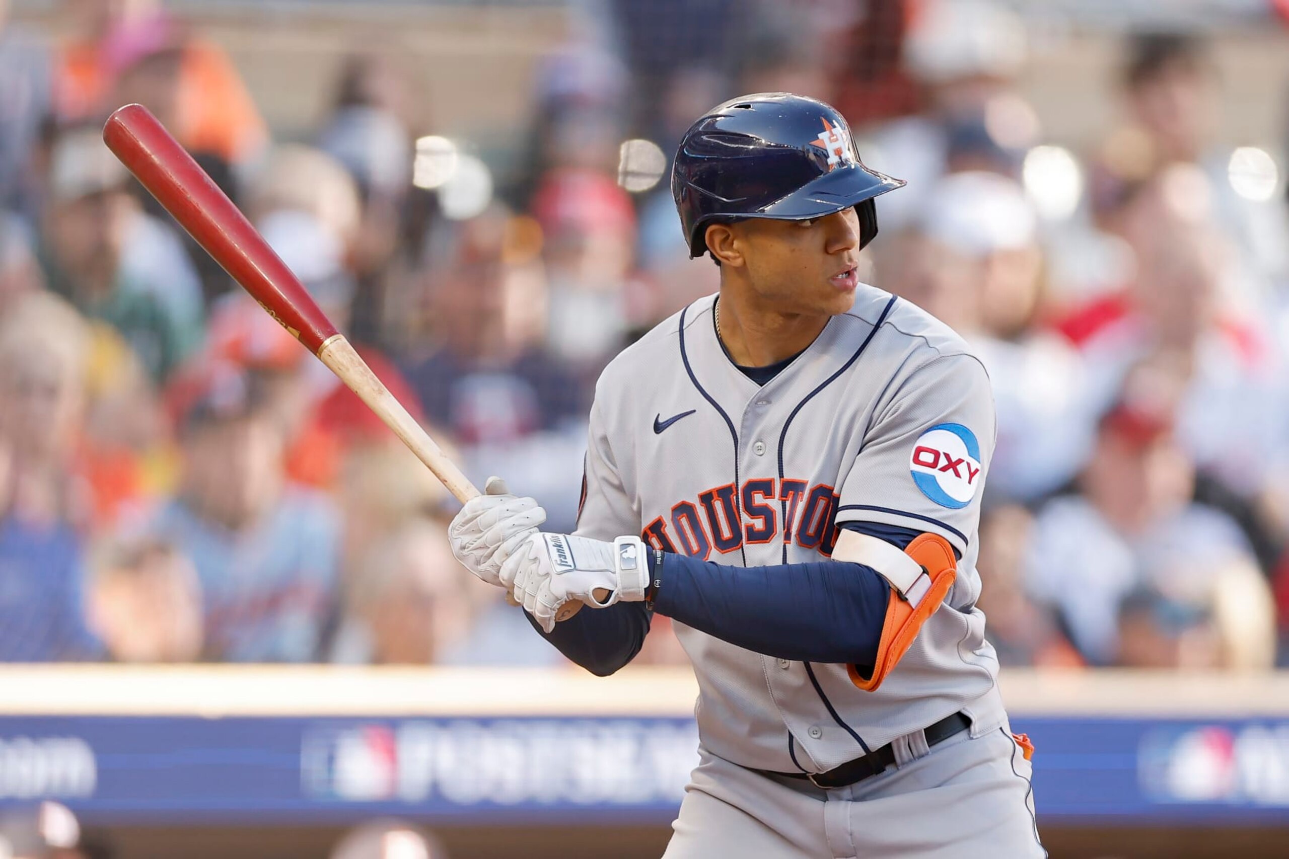 MINNEAPOLIS, MINNESOTA - OCTOBER 10: Jeremy Peña #3 of the Houston Astros bats in the second inning against the Minnesota Twins during Game Three of the Division Series at Target Field on October 10, 2023 in Minneapolis, Minnesota. (Photo by David Berding/Getty Images)