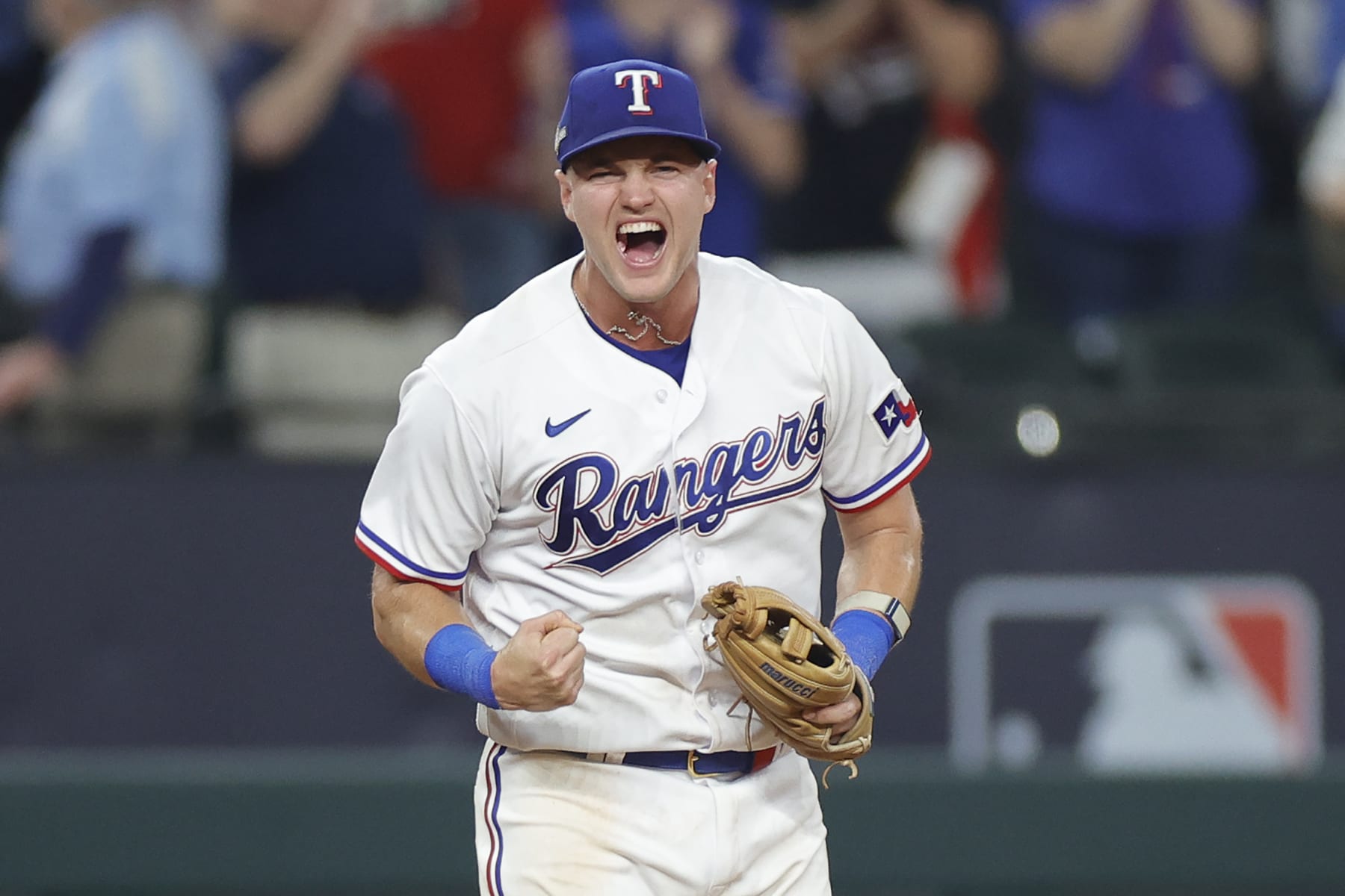 ARLINGTON, TEXAS - OCTOBER 10: Josh Jung #6 of the Texas Rangers celebrates after defeating the Baltimore Orioles in Game Three of the Division Series at Globe Life Field on October 10, 2023 in Arlington, Texas. (Photo by Carmen Mandato/Getty Images)