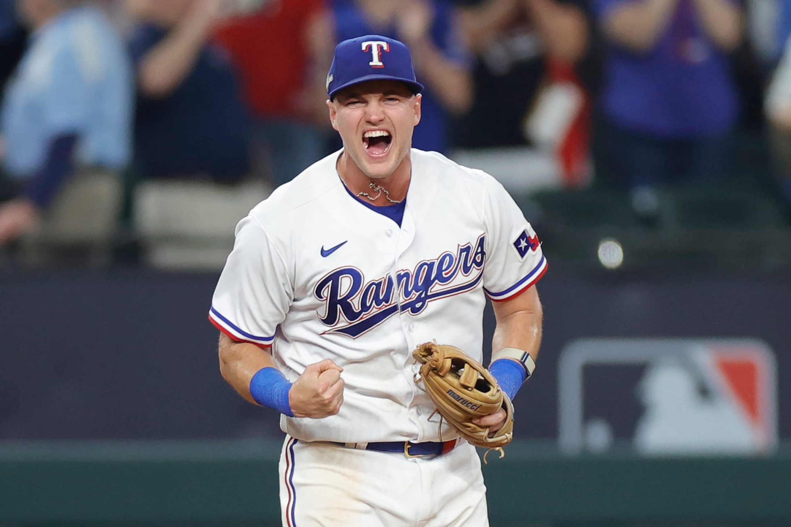 ARLINGTON, TEXAS - OCTOBER 10: Josh Jung #6 of the Texas Rangers celebrates after defeating the Baltimore Orioles in Game Three of the Division Series at Globe Life Field on October 10, 2023 in Arlington, Texas. (Photo by Carmen Mandato/Getty Images)