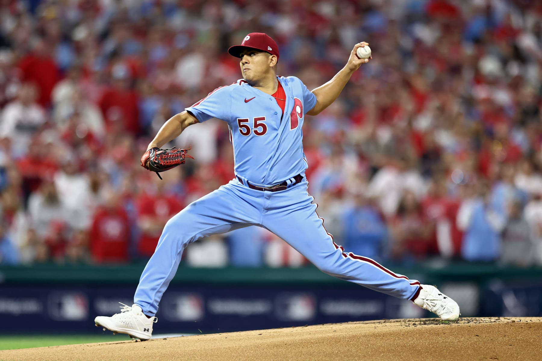 PHILADELPHIA, PENNSYLVANIA - OCTOBER 12: Ranger Suárez #55 of the Philadelphia Phillies pitches in the first inning against the Atlanta Braves during Game Four of the Division Series at Citizens Bank Park on October 12, 2023 in Philadelphia, Pennsylvania. (Photo by Tim Nwachukwu/Getty Images)