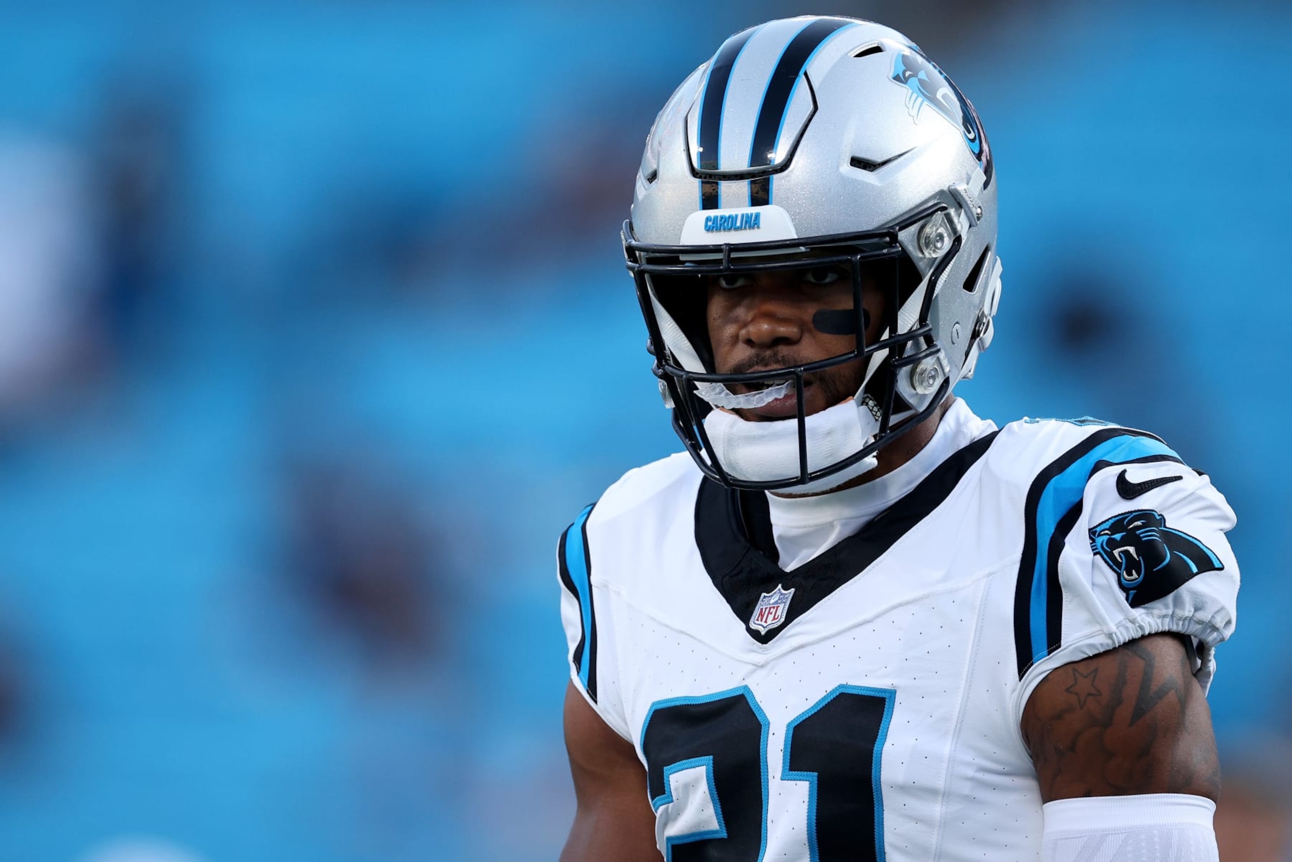 CHARLOTTE, NORTH CAROLINA - SEPTEMBER 18: Jeremy Chinn #21 of the Carolina Panthers looks on prior to the game against the New Orleans Saints at Bank of America Stadium on September 18, 2023 in Charlotte, North Carolina. (Photo by Jared C. Tilton/Getty Images)