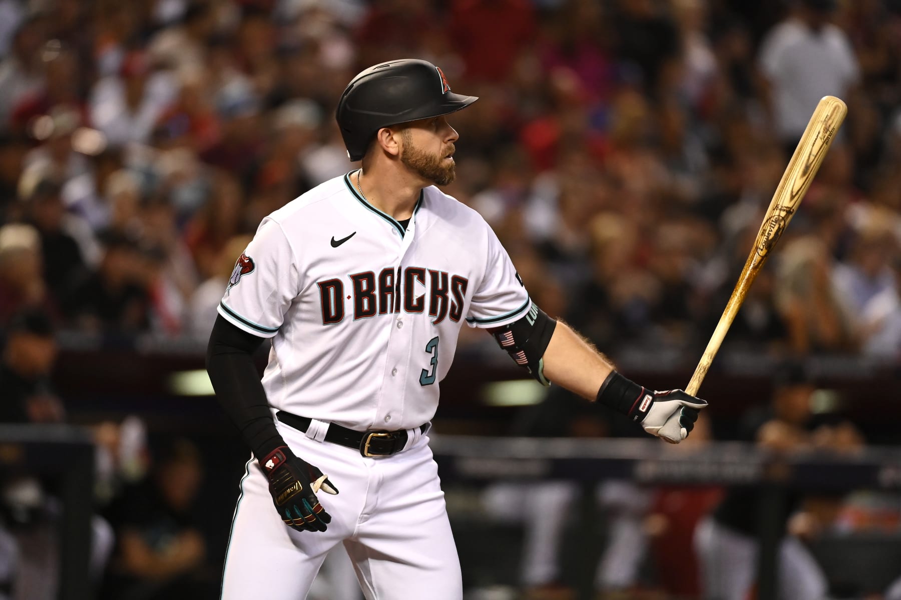 PHOENIX, ARIZONA - OCTOBER 11: Evan Longoria #3 of the Arizona Diamondbacks gets ready in the batters box against the Los Angeles Dodgers during Game Three of the Division Series at Chase Field on October 11, 2023 in Phoenix, Arizona. (Photo by Norm Hall/Getty Images)