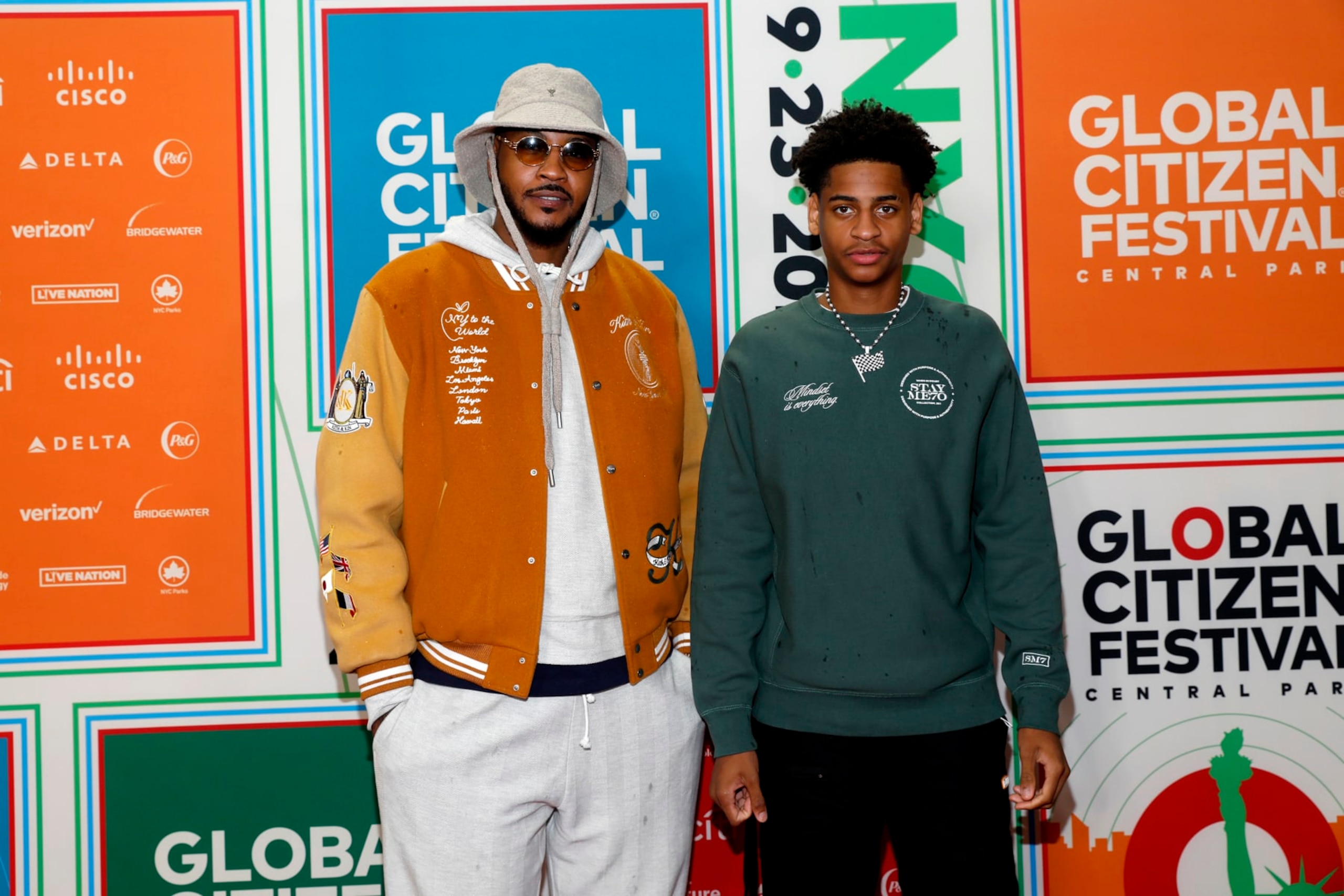 NEW YORK, NEW YORK - SEPTEMBER 23: (L-R) Carmelo Anthony and Kiyan Carmelo Anthony attend Global Citizen Festival 2023 at Central Park on September 23, 2023 in New York City. (Photo by Rob Kim/Getty Images for Global Citizen)