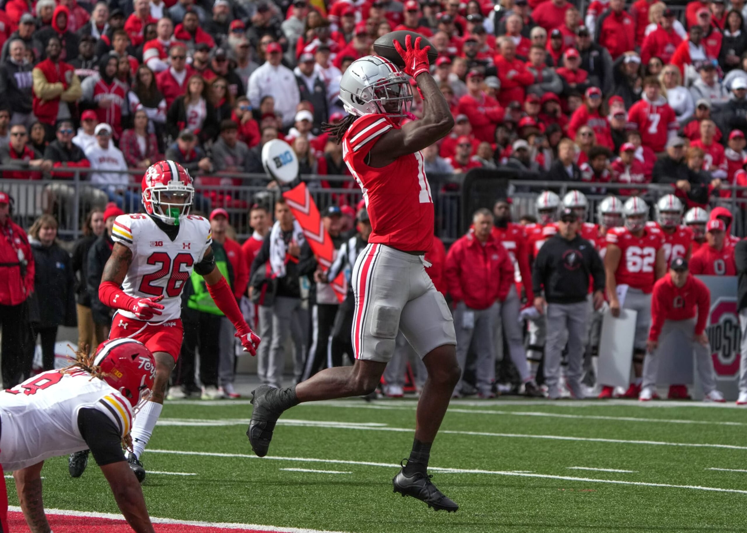 COLUMBUS, OH - OCTOBER 07: Marvin Harrison Jr. #18 of the Ohio State Buckeyes catches a pass during the game against the Maryland Terrapins at Ohio Stadium in Columbus, Ohio on October 7, 2023.(Photo by Jason Mowry/Icon Sportswire via Getty Images)