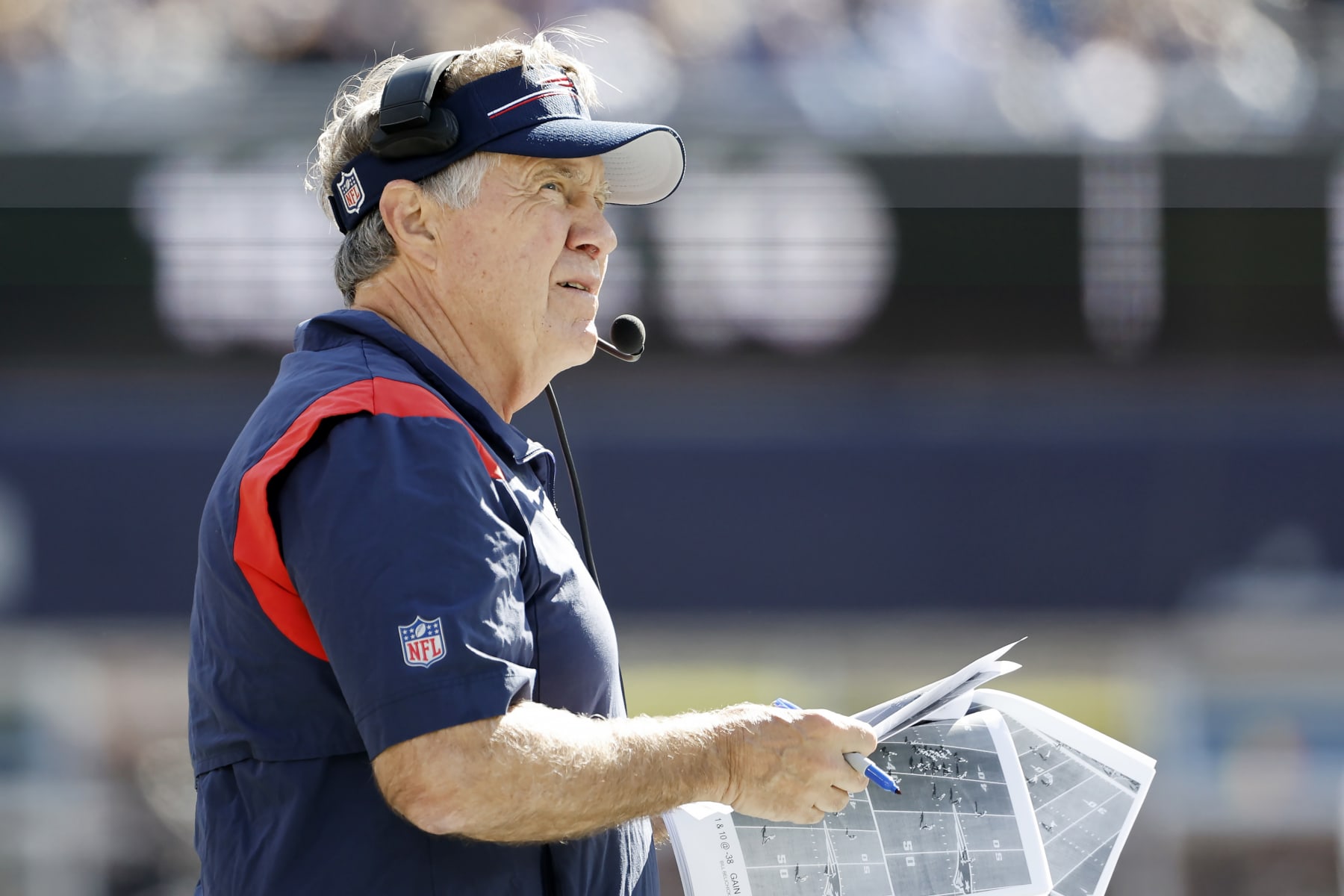 FOXBOROUGH, MASSACHUSETTS - OCTOBER 08: Head coach Bill Belichick of the New England Patriots looks on during the first quarter against the New Orleans Saints at Gillette Stadium on October 08, 2023 in Foxborough, Massachusetts. (Photo by Winslow Townson/Getty Images)