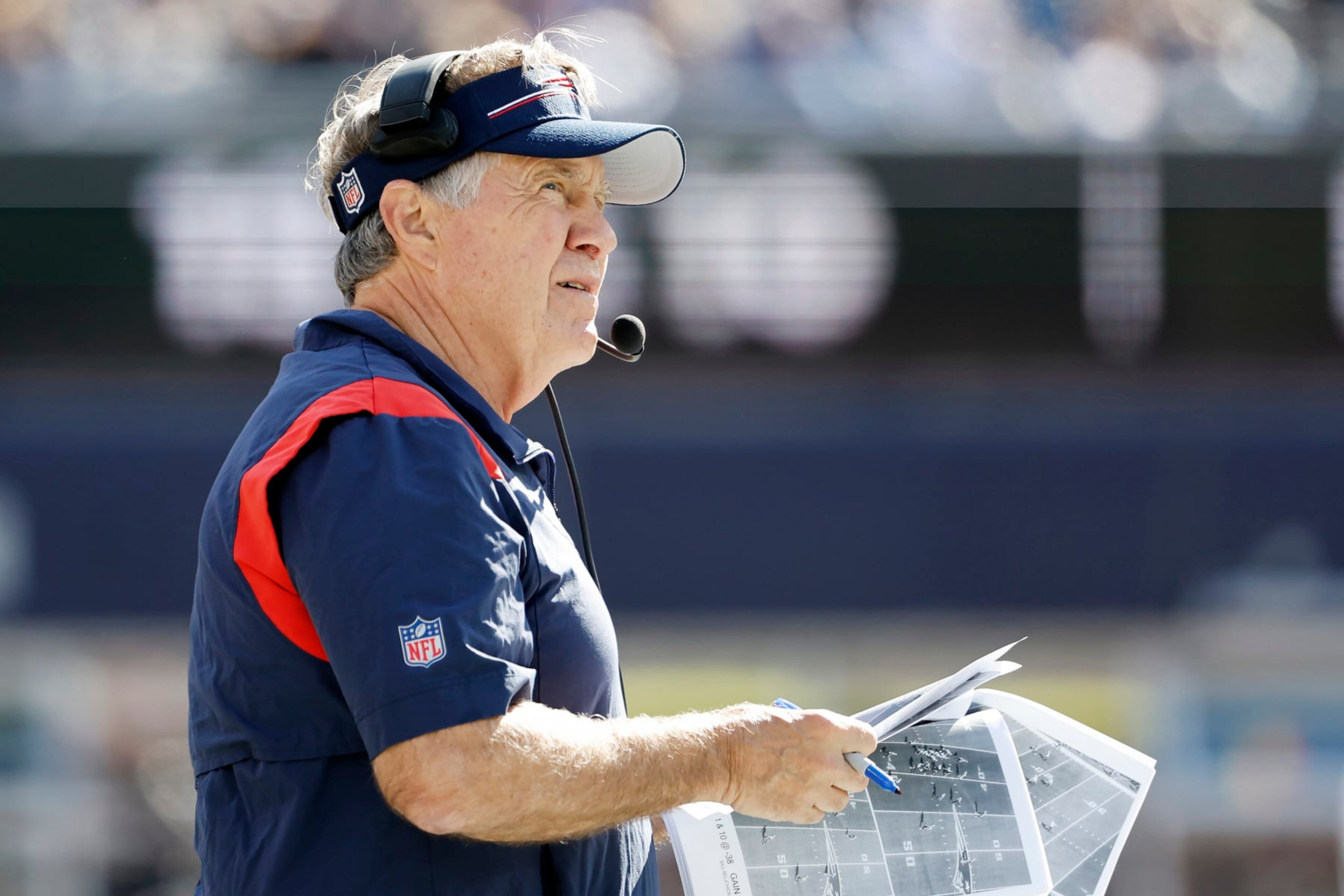 FOXBOROUGH, MASSACHUSETTS - OCTOBER 08: Head coach Bill Belichick of the New England Patriots looks on during the first quarter against the New Orleans Saints at Gillette Stadium on October 08, 2023 in Foxborough, Massachusetts. (Photo by Winslow Townson/Getty Images)