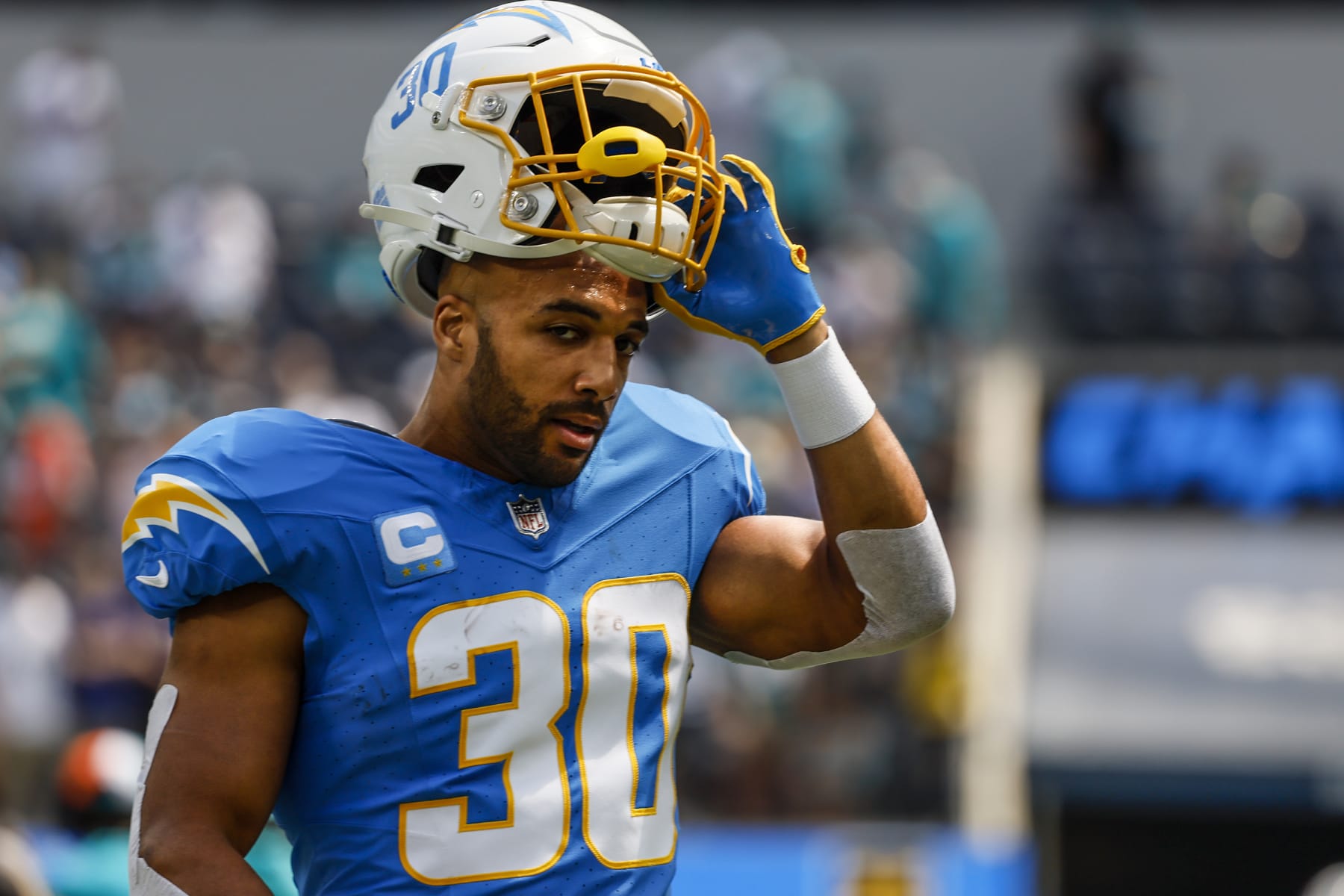Inglewood, CA, Sunday, Sept. 10, 2023 - Los Angeles Chargers running back Austin Ekeler (30) on the sideline before a game against the Miami Dolphins at SoFi Stadium.  (Robert Gauthier/Los Angeles Times via Getty Images)