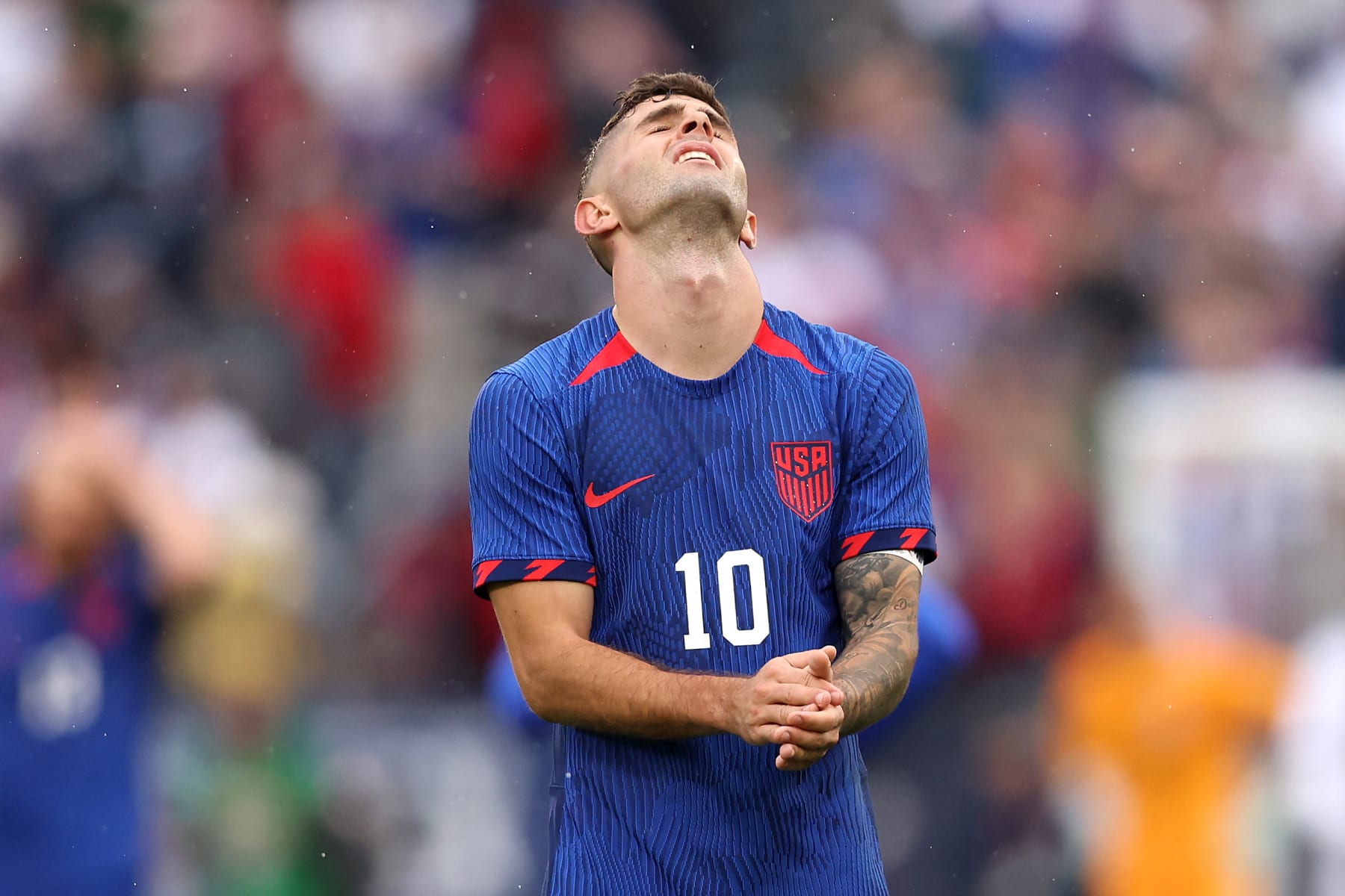 EAST HARTFORD, CONNECTICUT - OCTOBER 14: Christian Pulisic #10 of the United States reacts during the first half of an international friendly match against Germany at Pratt & Whitney Stadium on October 14, 2023 in East Hartford, Connecticut. (Photo by Adam Glanzman/USSF/Getty Images for USSF)