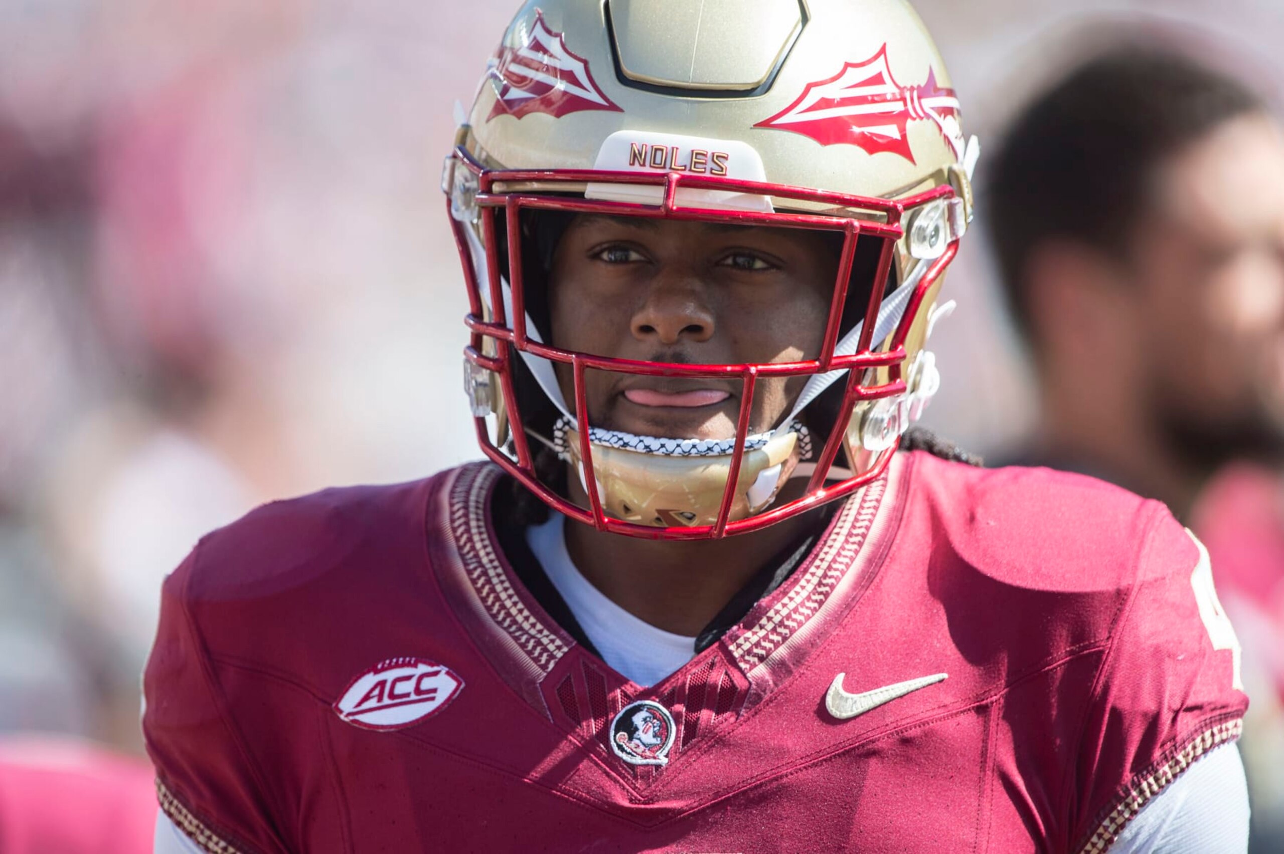 TALLAHASSEE, FLORIDA - OCTOBER 07: Wide receiver Keon Coleman #4 of the Florida State Seminoles prior to their game against the Virginia Tech Hokies at Doak Campbell Stadium on October 07, 2023 in Tallahassee, Florida. (Photo by Michael Chang/Getty Images)