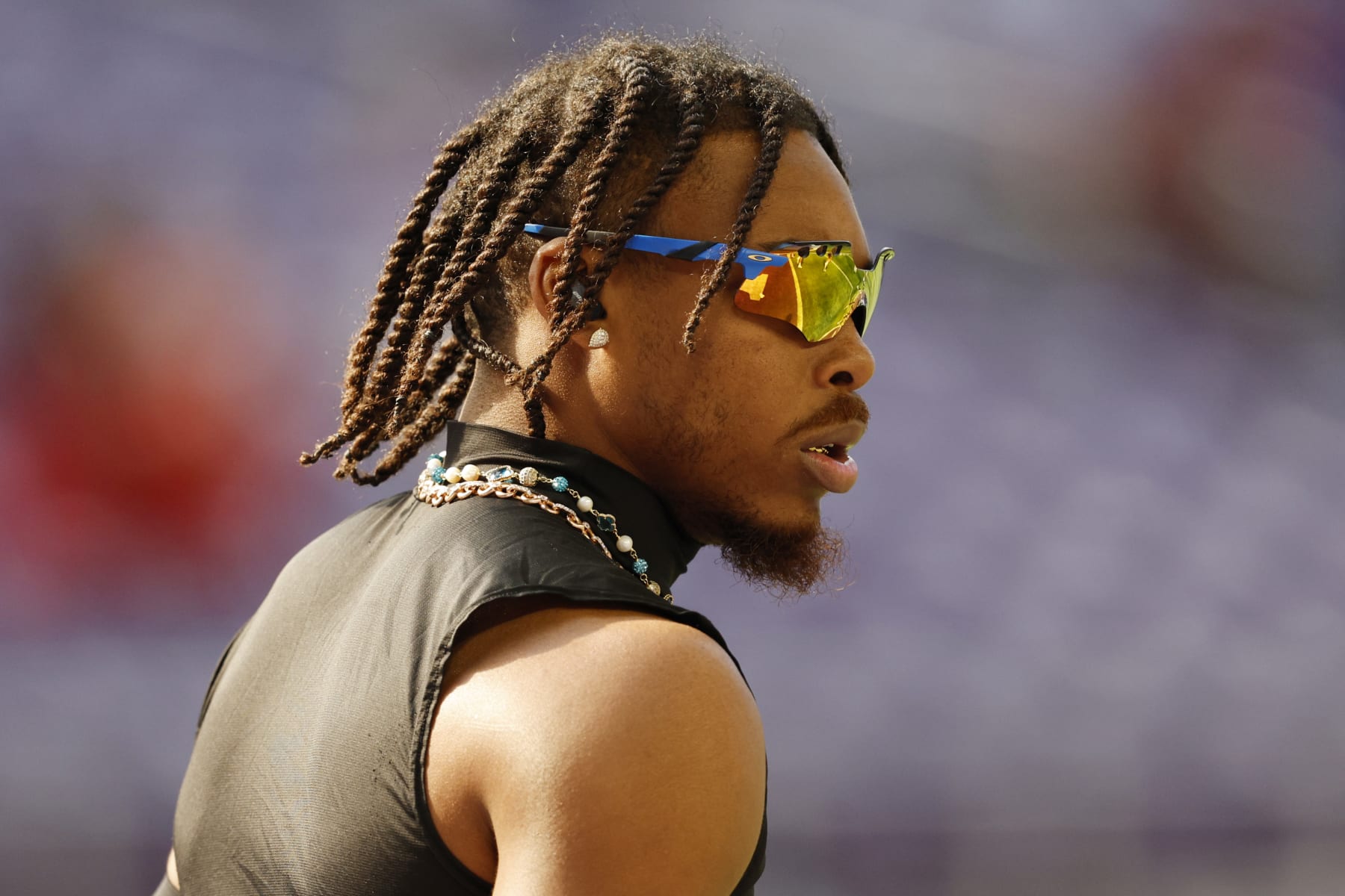 MINNEAPOLIS, MINNESOTA - OCTOBER 08: Justin Jefferson #18 of the Minnesota Vikings looks on prior to a game against the Kansas City Chiefs at U.S. Bank Stadium on October 08, 2023 in Minneapolis, Minnesota. (Photo by David Berding/Getty Images)