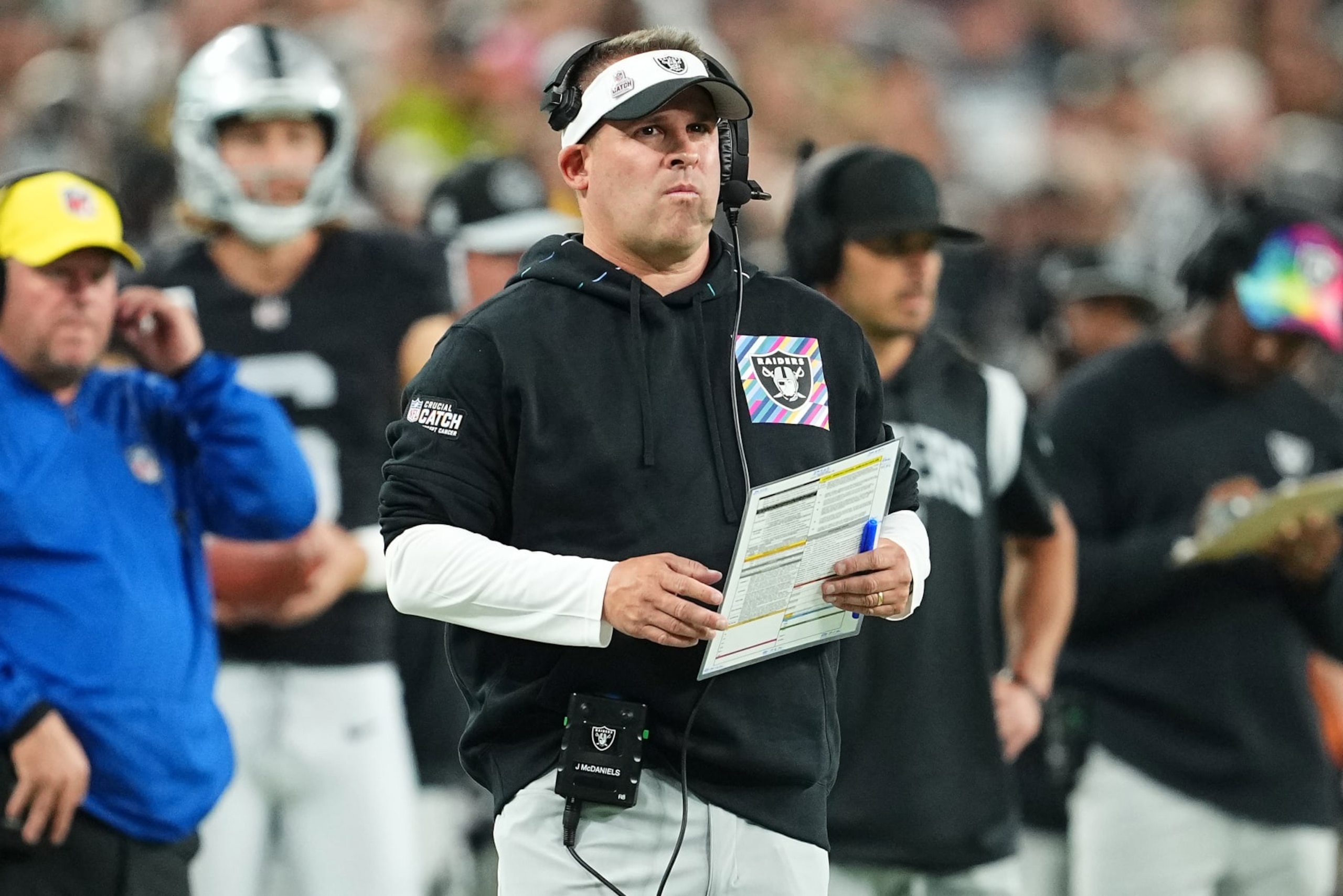 LAS VEGAS, NEVADA - OCTOBER 09: Head coach Josh McDaniels of the Las Vegas Raiders looks on during the second quarter against the Green Bay Packers at Allegiant Stadium on October 09, 2023 in Las Vegas, Nevada. (Photo by Chris Unger/Getty Images) LAS VEGAS, NEVADA - OCTOBER 09: Head coach Josh McDaniels of the Las Vegas Raiders looks on during the second quarter against the Green Bay Packers at Allegiant Stadium on October 09, 2023 in Las Vegas, Nevada. (Photo by Chris Unger/Getty Images)