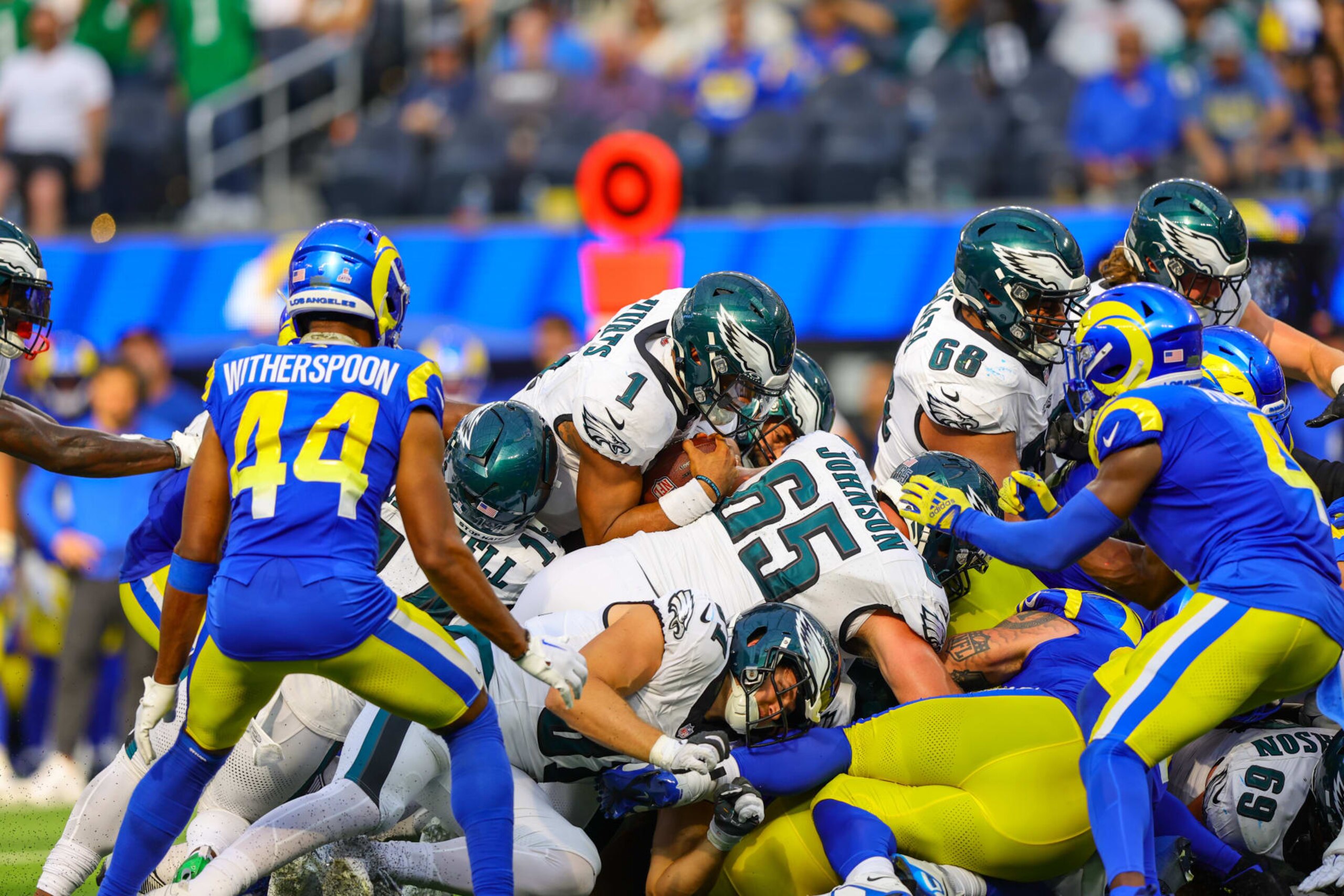 INGLEWOOD, CA - OCTOBER 08: Philadelphia Eagles quarterback Jalen Hurts (1) rushes the ball during the NFL game between the Philadelphia Eagles and the Los Angeles Rams on October 08, 2023, at SoFi Stadium in Inglewood, CA.(Photo by Jordon Kelly/Icon Sportswire via Getty Images)