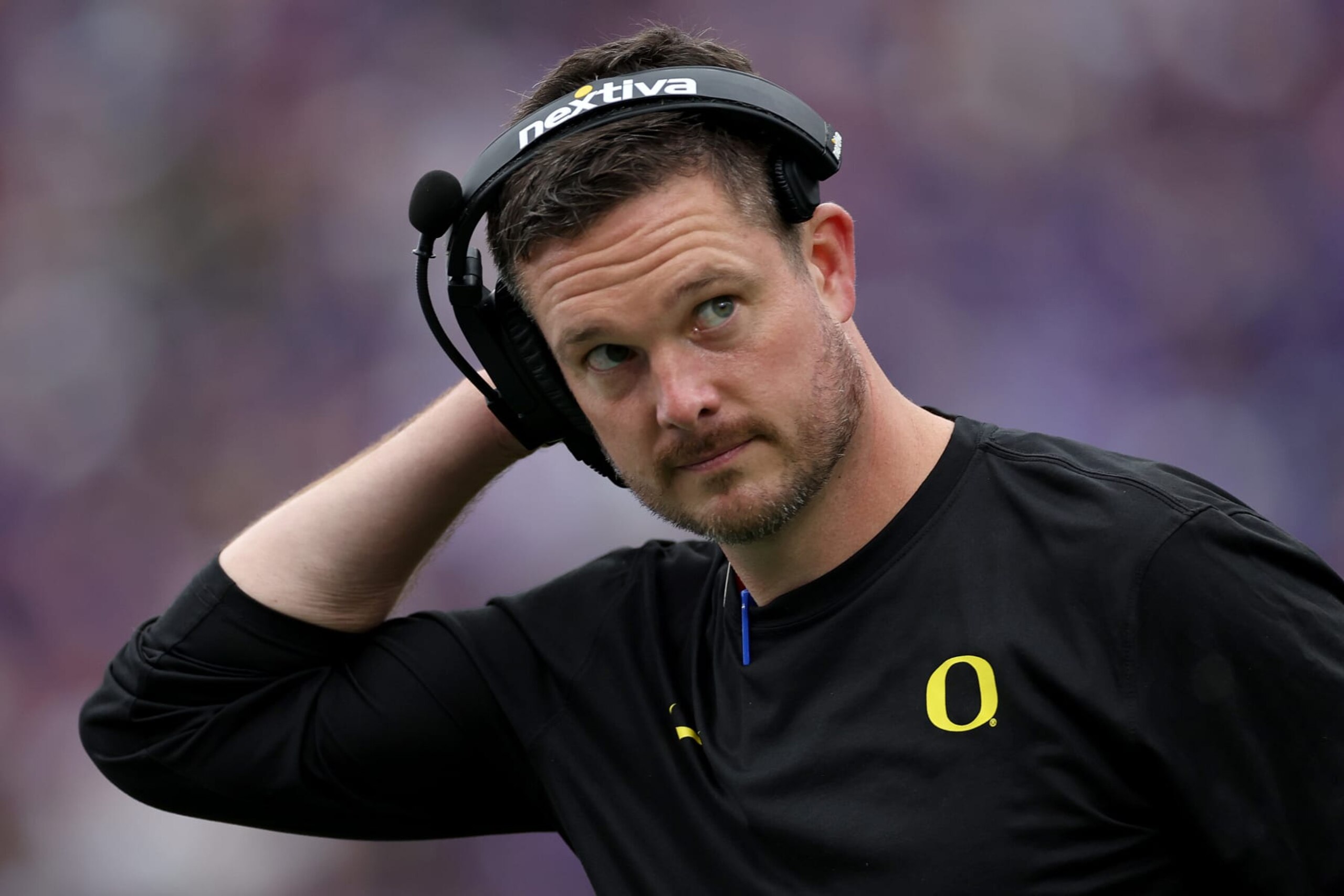 SEATTLE, WASHINGTON - OCTOBER 14: Head coach Dan Lanning of the Oregon Ducks looks on during the fourth quarter against the Washington Huskies at Husky Stadium on October 14, 2023 in Seattle, Washington. (Photo by Steph Chambers/Getty Images)