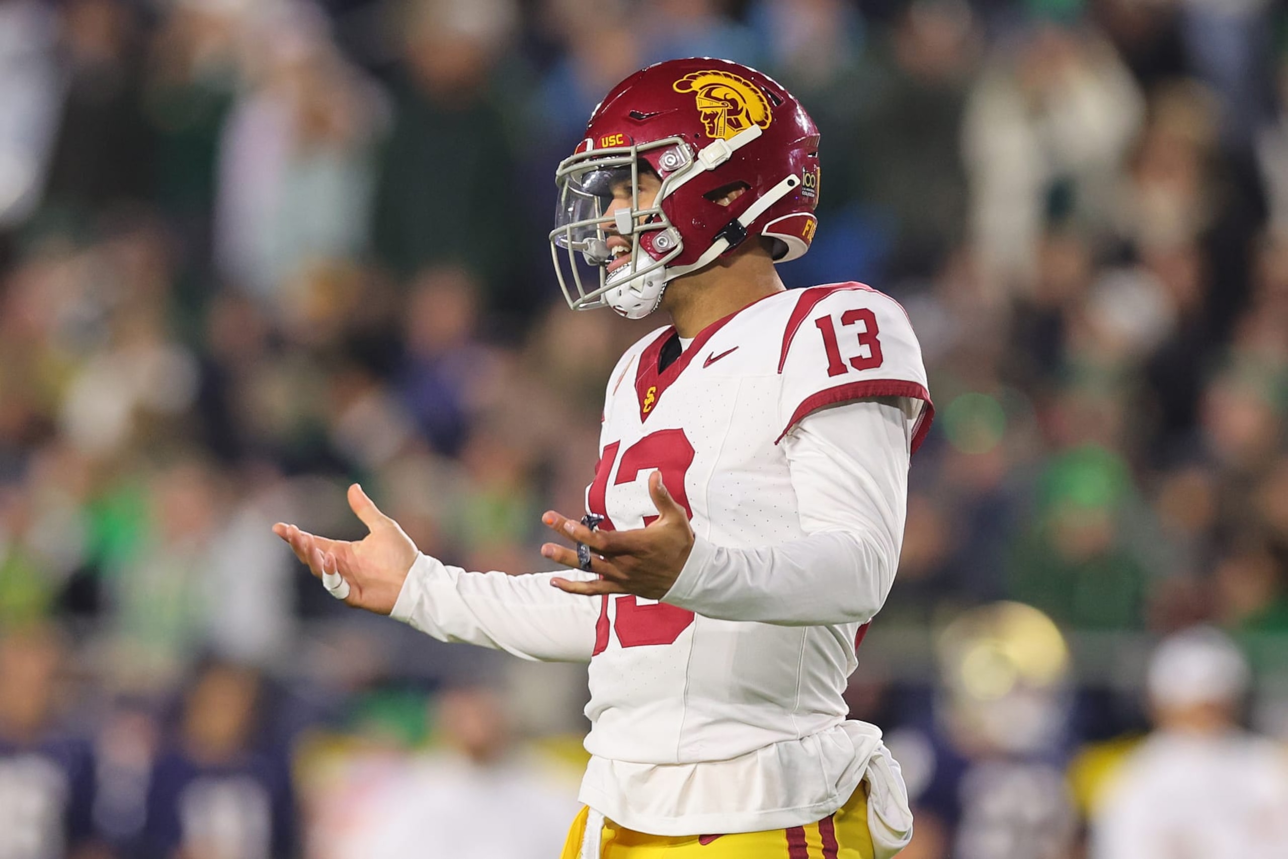 SOUTH BEND, INDIANA - OCTOBER 14: Caleb Williams #13 of the USC Trojans reacts against the Notre Dame Fighting Irish during the first half at Notre Dame Stadium on October 14, 2023 in South Bend, Indiana. (Photo by Michael Reaves/Getty Images)