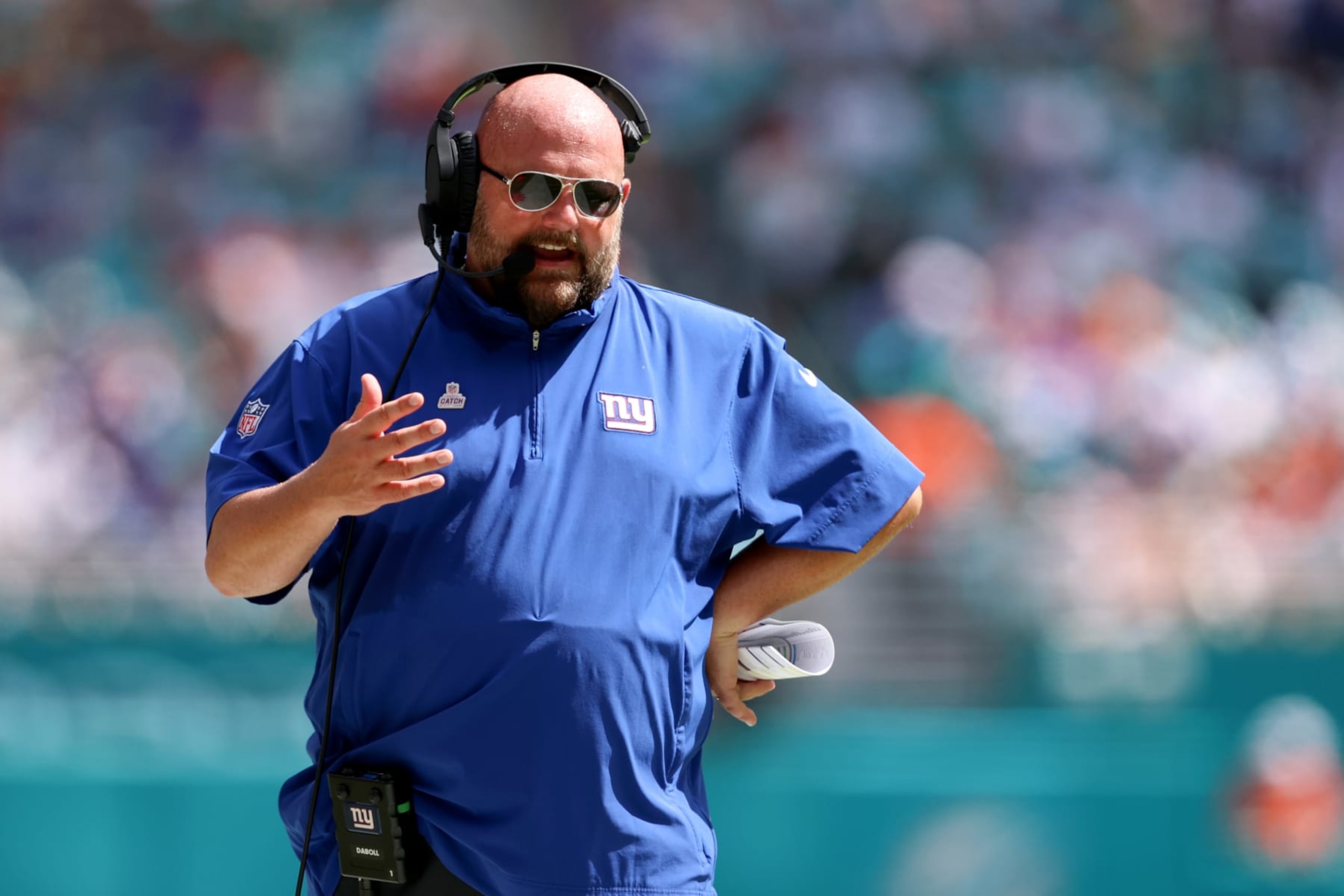 MIAMI GARDENS, FLORIDA - OCTOBER 08: Head coach Brian Daboll of the New York Giants reacts during the first half against the Miami Dolphins at Hard Rock Stadium on October 08, 2023 in Miami Gardens, Florida. (Photo by Megan Briggs/Getty Images)
