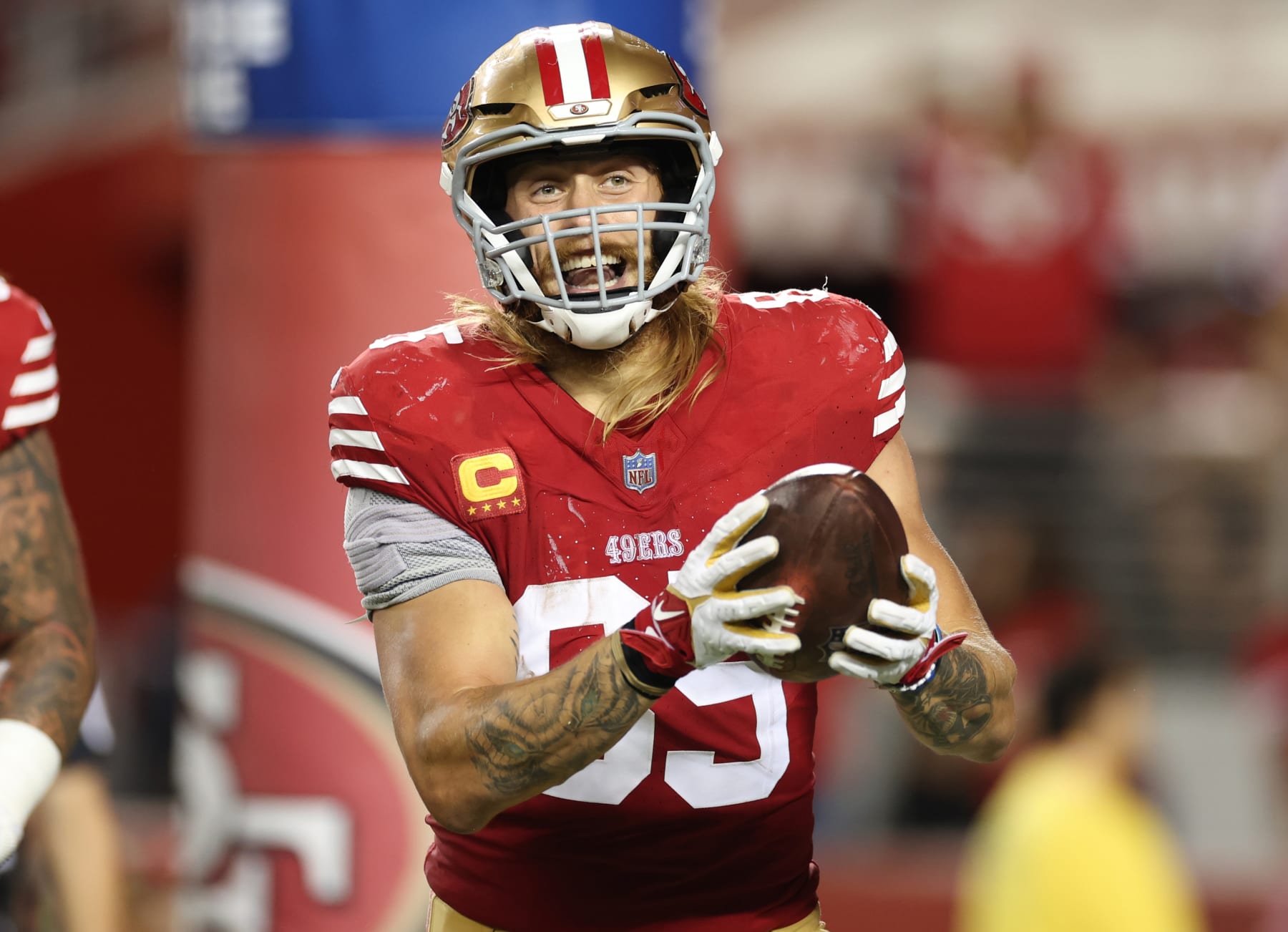 SANTA CLARA, CALIFORNIA - OCTOBER 08: George Kittle #85 of the San Francisco 49ers celebrates after a touchdown catch during the third quarter against the Dallas Cowboys at Levi's Stadium on October 08, 2023 in Santa Clara, California. (Photo by Ezra Shaw/Getty Images)