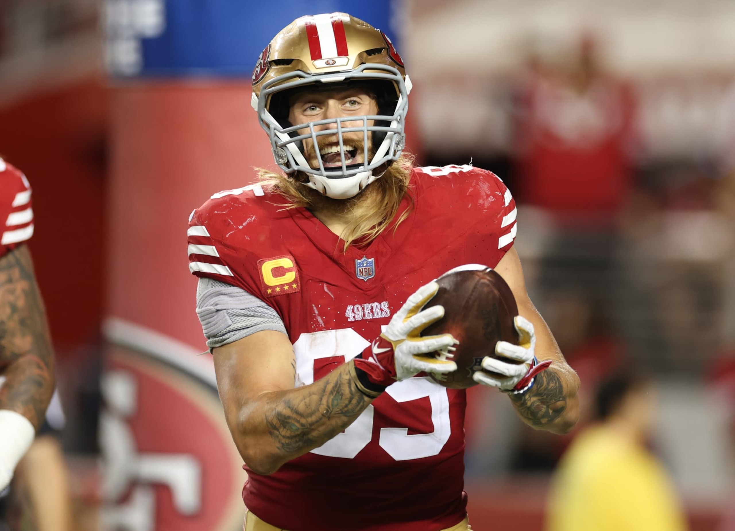 SANTA CLARA, CALIFORNIA - OCTOBER 08: George Kittle #85 of the San Francisco 49ers celebrates after a touchdown catch during the third quarter against the Dallas Cowboys at Levi's Stadium on October 08, 2023 in Santa Clara, California. (Photo by Ezra Shaw/Getty Images) SANTA CLARA, CALIFORNIA - OCTOBER 08: George Kittle #85 of the San Francisco 49ers celebrates after a touchdown catch during the third quarter against the Dallas Cowboys at Levi's Stadium on October 08, 2023 in Santa Clara, California. (Photo by Ezra Shaw/Getty Images)