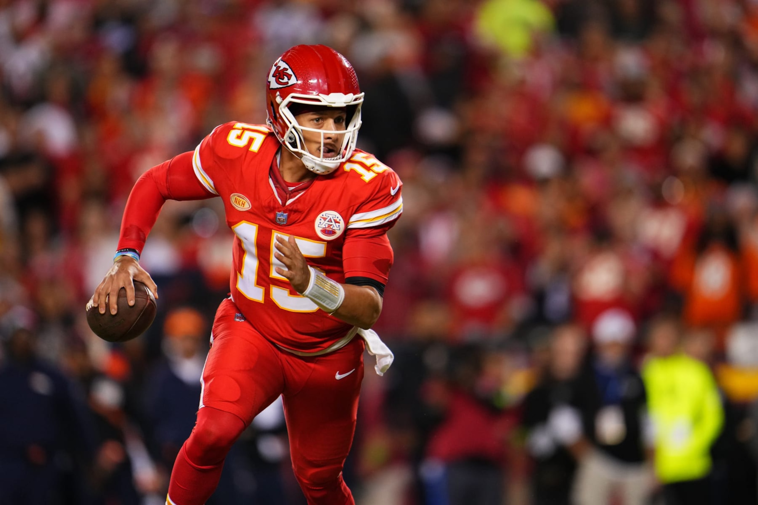 KANSAS CITY, MO - OCTOBER 12: Patrick Mahomes #15 of the Kansas City Chiefs drops back to pass against the Denver Broncos at GEHA Field at Arrowhead Stadium on October 12, 2023 in Kansas City, Missouri. (Photo by Cooper Neill/Getty Images) KANSAS CITY, MO - OCTOBER 12: Patrick Mahomes #15 of the Kansas City Chiefs drops back to pass against the Denver Broncos at GEHA Field at Arrowhead Stadium on October 12, 2023 in Kansas City, Missouri. (Photo by Cooper Neill/Getty Images)