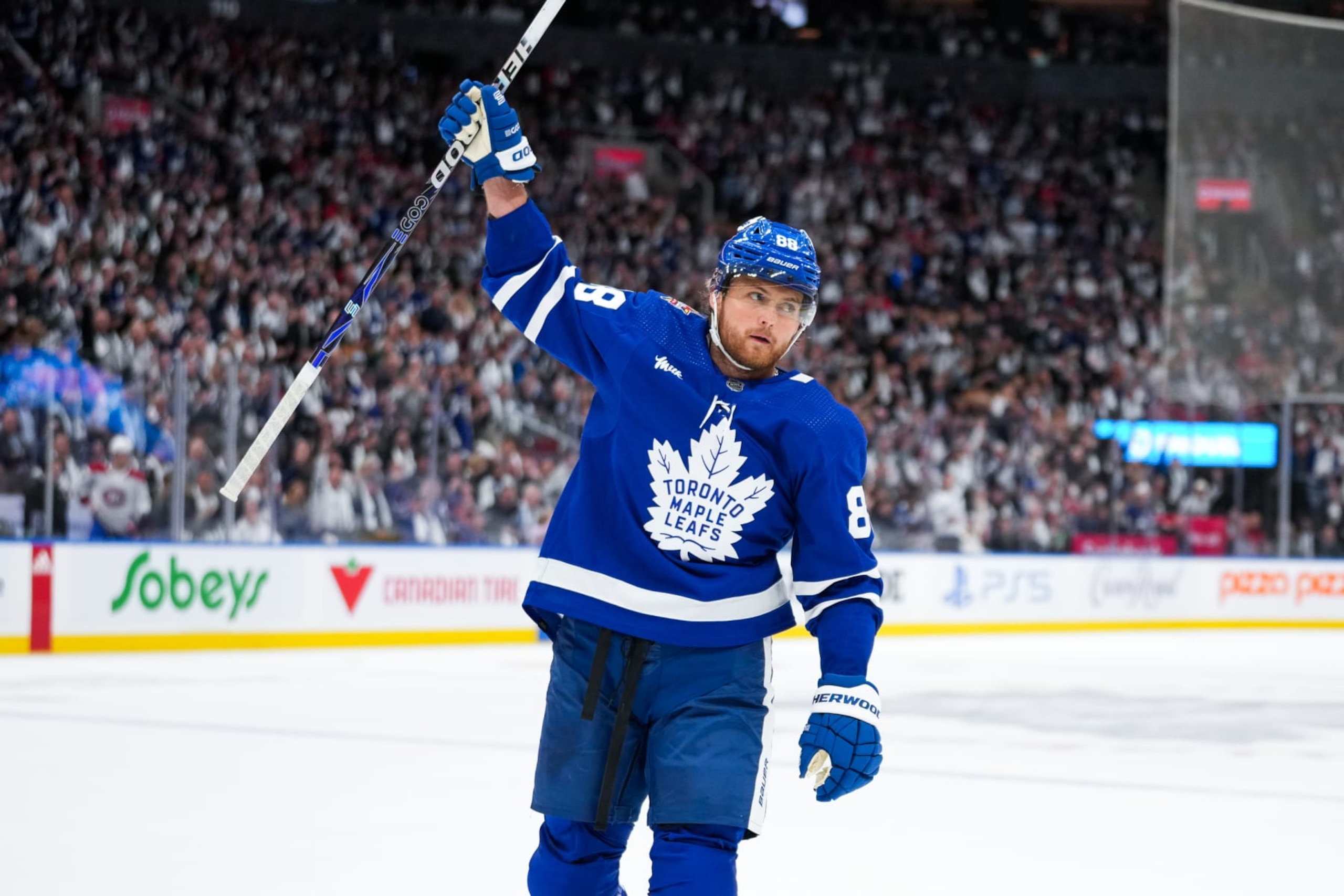 TORONTO, CANADA - OCTOBER 11: William Nylander #88 of the Toronto Maple Leafs celebrates scoring against the Montreal Canadiens at Scotiabank Arena on October 11, 2023 in Toronto, Ontario, Canada. (Photo by Michael Chisholm/NHLI via Getty Images) TORONTO, CANADA - OCTOBER 11: William Nylander #88 of the Toronto Maple Leafs celebrates scoring against the Montreal Canadiens at Scotiabank Arena on October 11, 2023 in Toronto, Ontario, Canada. (Photo by Michael Chisholm/NHLI via Getty Images)