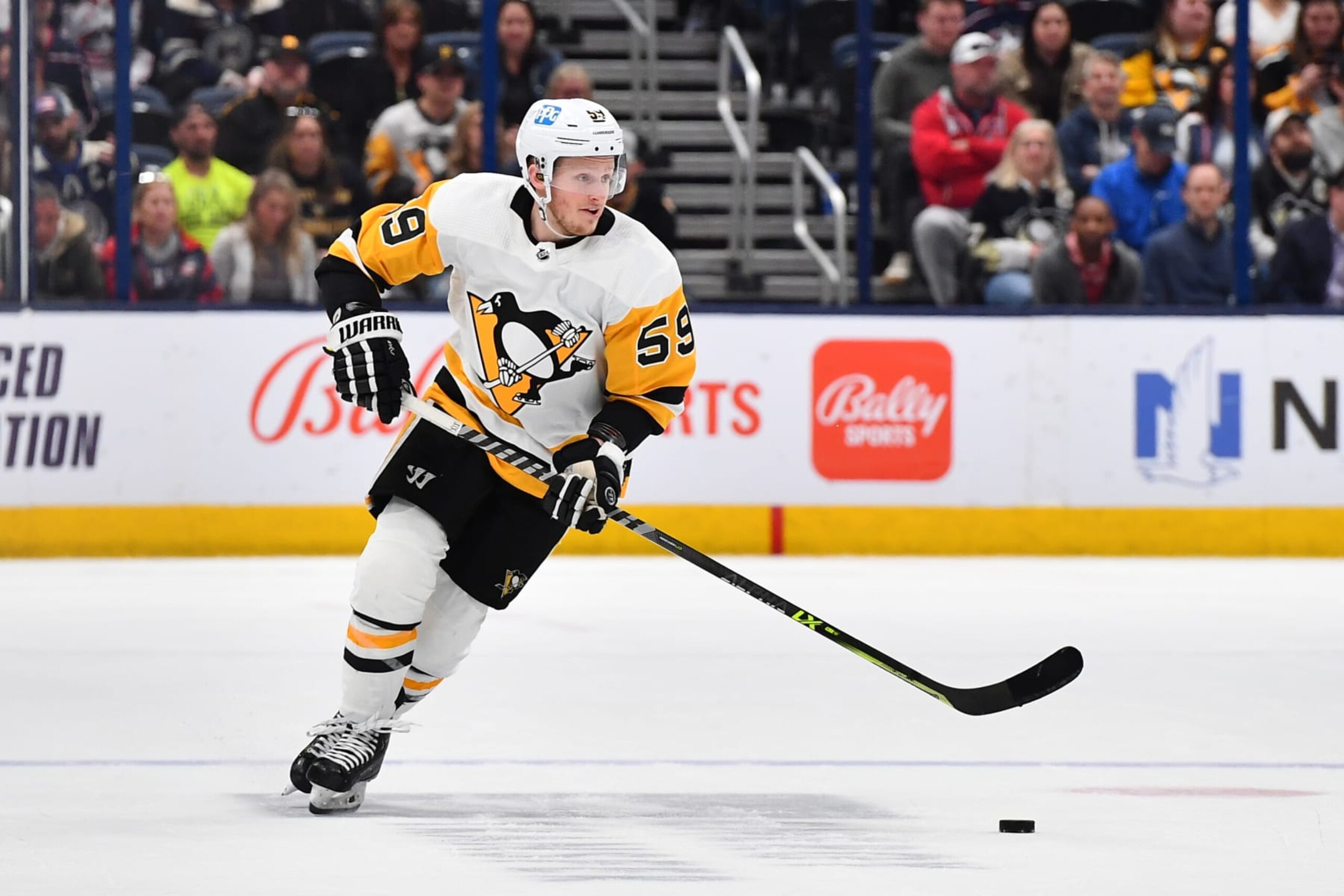 COLUMBUS, OHIO - APRIL 13: Jake Guentzel #59 of the Pittsburgh Penguins skates with the puck during the overtime period of a game against the Columbus Blue Jackets at Nationwide Arena on April 13, 2023 in Columbus, Ohio. (Photo by Ben Jackson/NHLI via Getty Images) COLUMBUS, OHIO - APRIL 13: Jake Guentzel #59 of the Pittsburgh Penguins skates with the puck during the overtime period of a game against the Columbus Blue Jackets at Nationwide Arena on April 13, 2023 in Columbus, Ohio. (Photo by Ben Jackson/NHLI via Getty Images)