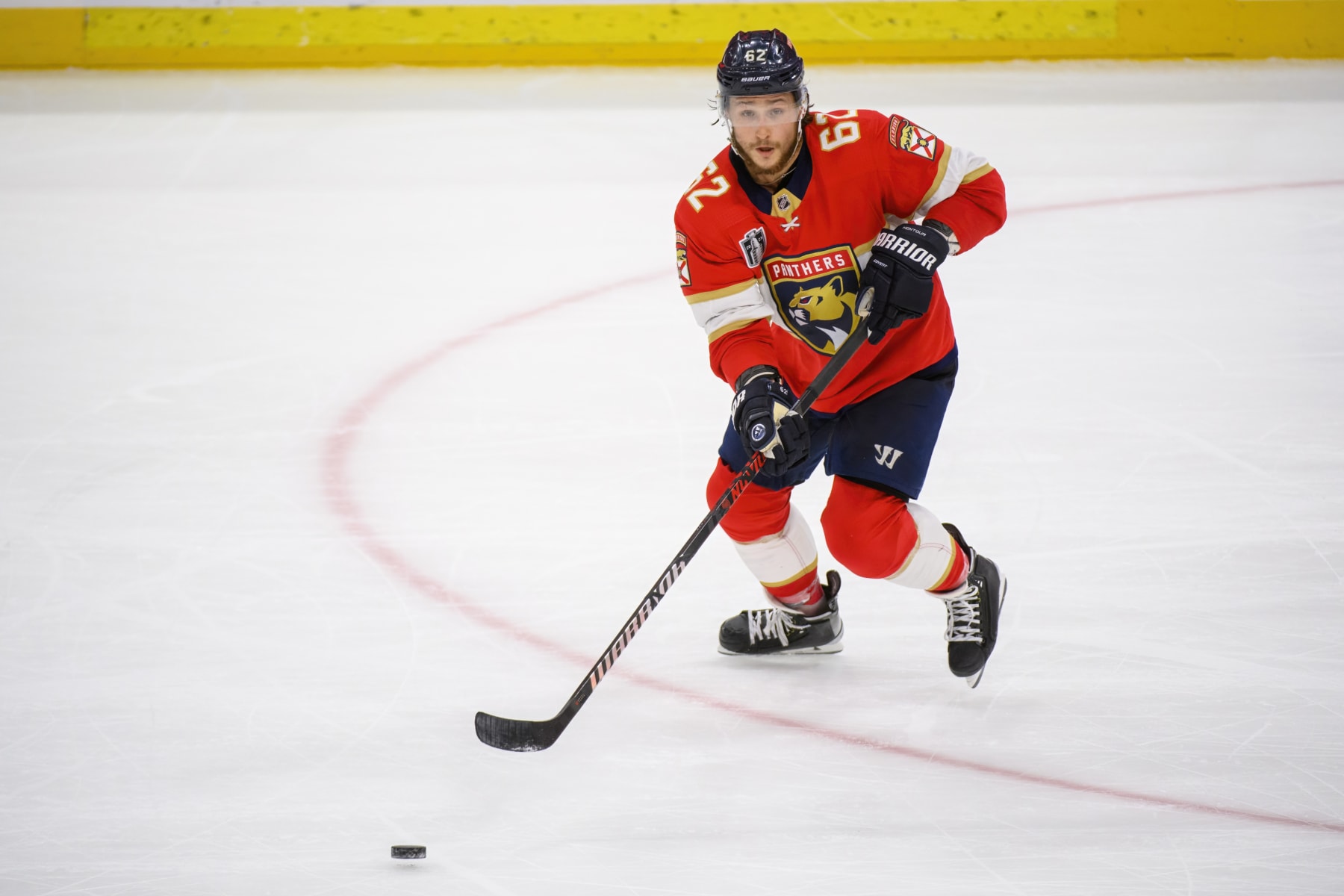 SUNRISE, FL - JUNE 10: Florida Panthers defenseman Brandon Montour (62) passes the puck during Game Four of the NHL Stanley Cup Final between the Vegas Golden Knights and the Florida Panthers on June 10, 2023 at the FLA Live Arena in Sunrise, Florida. (Photo by Doug Murray/Icon Sportswire via Getty Images)
