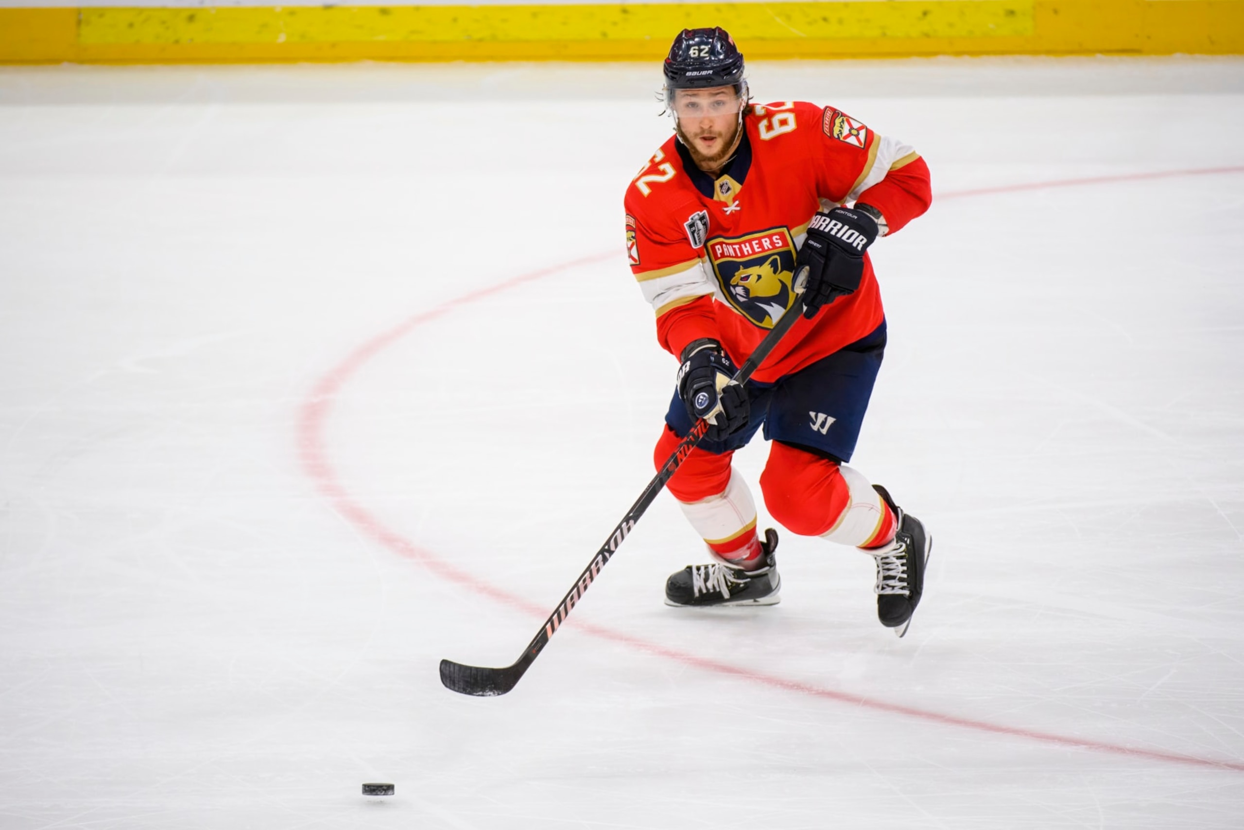 SUNRISE, FL - JUNE 10: Florida Panthers defenseman Brandon Montour (62) passes the puck during Game Four of the NHL Stanley Cup Final between the Vegas Golden Knights and the Florida Panthers on June 10, 2023 at the FLA Live Arena in Sunrise, Florida. (Photo by Doug Murray/Icon Sportswire via Getty Images) SUNRISE, FL - JUNE 10: Florida Panthers defenseman Brandon Montour (62) passes the puck during Game Four of the NHL Stanley Cup Final between the Vegas Golden Knights and the Florida Panthers on June 10, 2023 at the FLA Live Arena in Sunrise, Florida. (Photo by Doug Murray/Icon Sportswire via Getty Images)