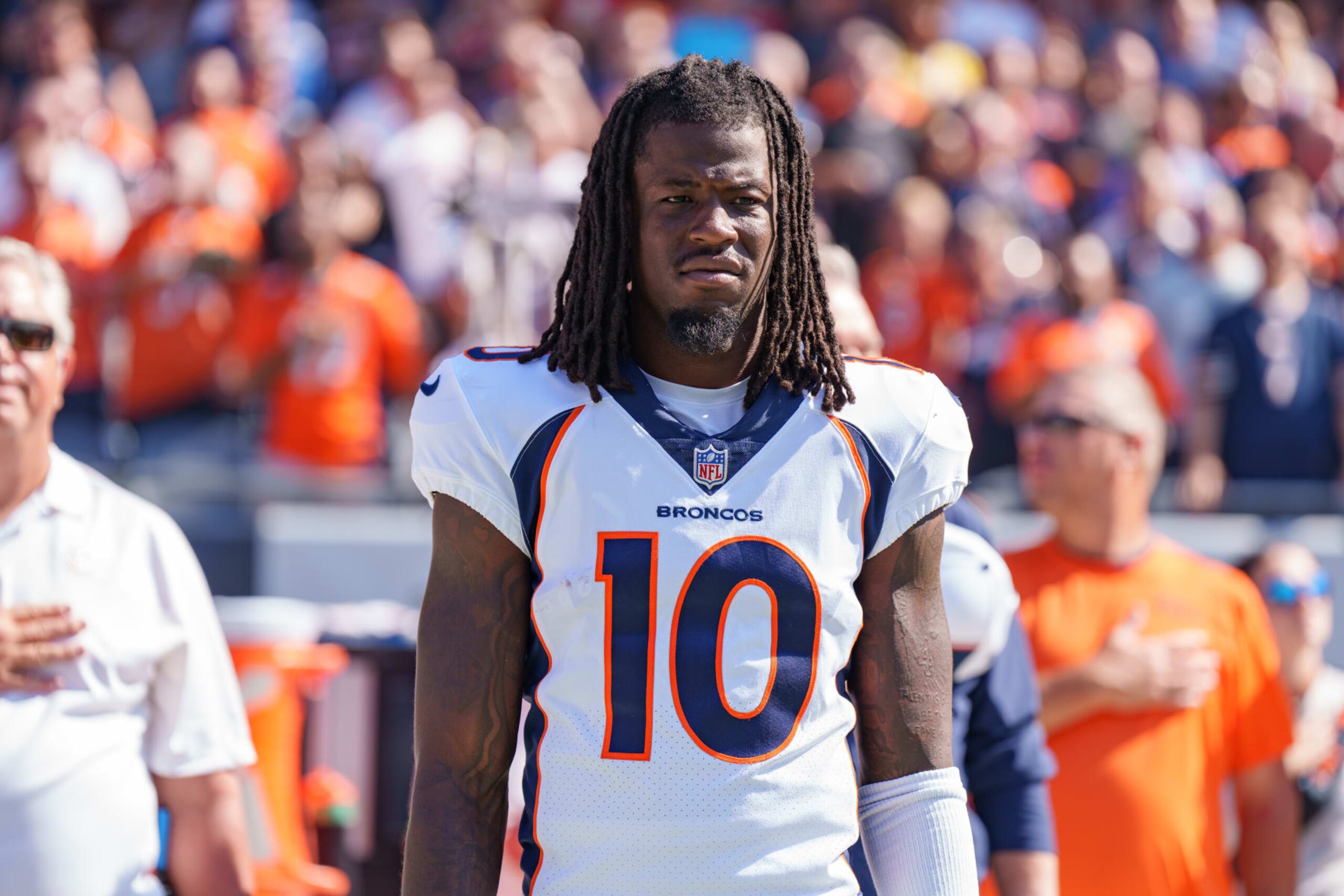 CHICAGO, IL - OCTOBER 1: Wide receiver Jerry Jeudy #10 of the Denver Broncos looks on from prior to an NFL football game against the Chicago Bears at Soldier Field on October 1, 2023 in Chicago, Illinois.  (Photo by Todd Rosenberg/Getty Images)
