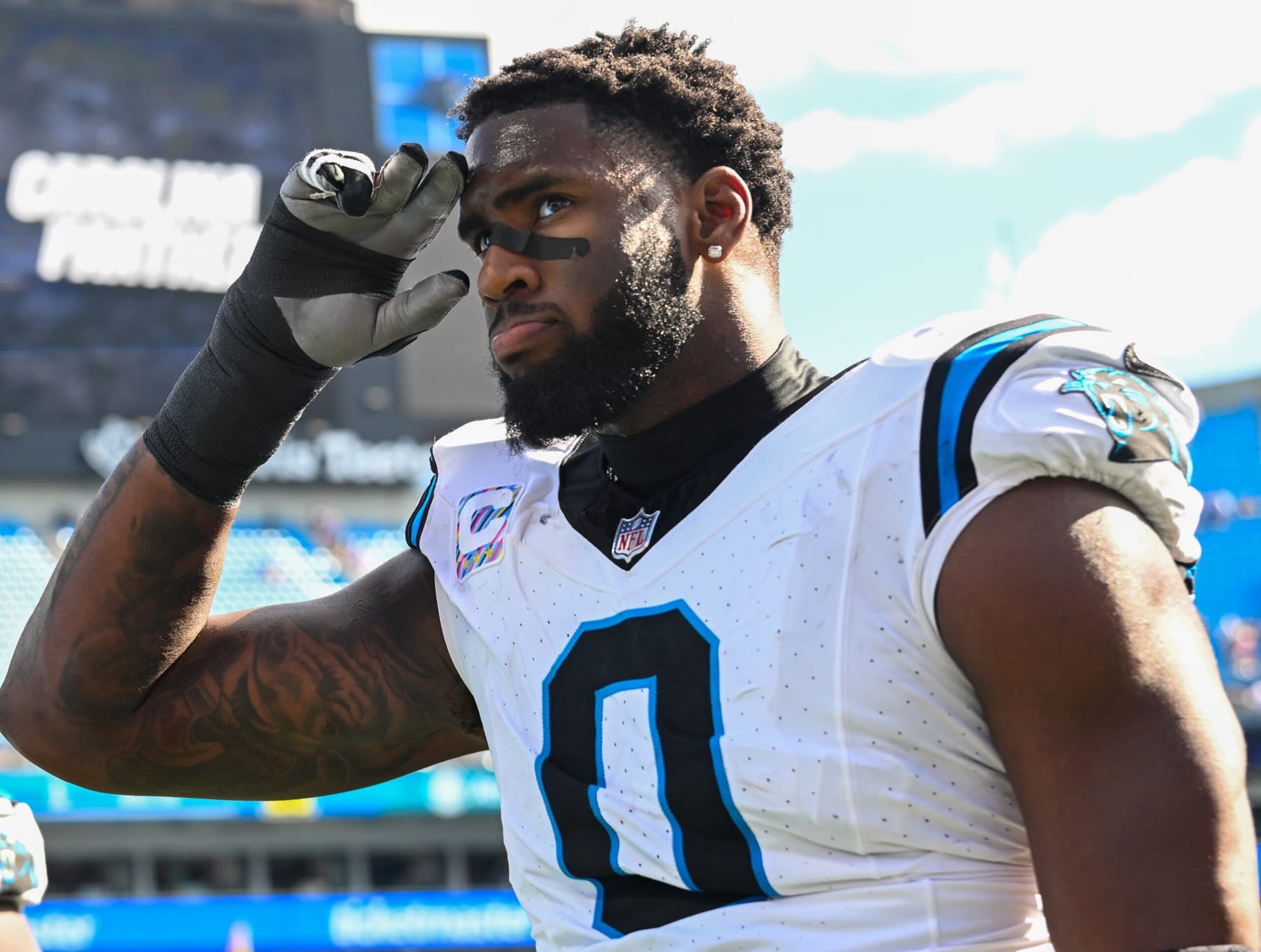 CHARLOTTE, NORTH CAROLINA - OCTOBER 01: Brian Burns #0 of the Carolina Panthers leaves the field after a game against the Minnesota Vikings at Bank of America Stadium on October 01, 2023 in Charlotte, North Carolina. (Photo by Grant Halverson/Getty Images)