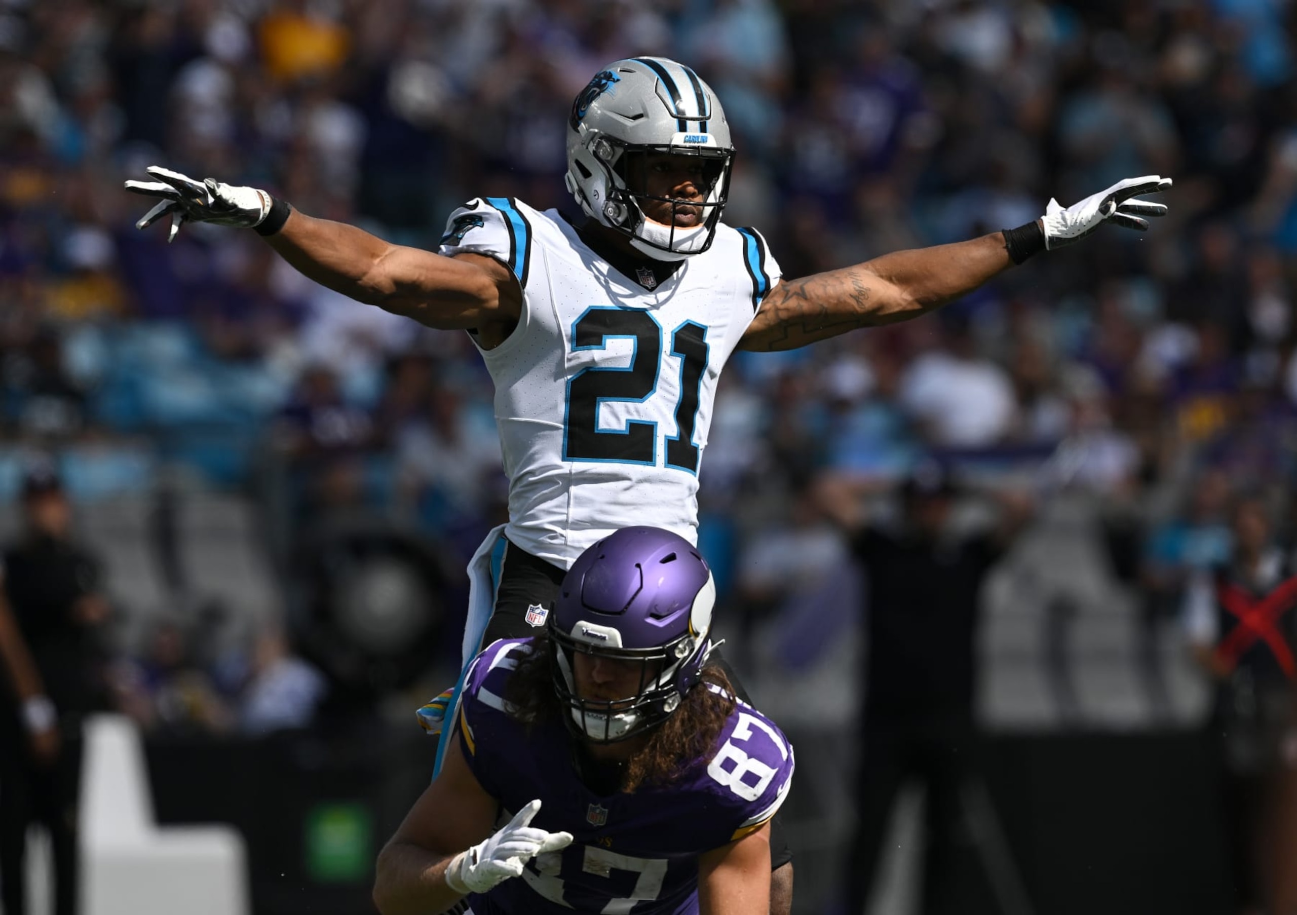 CHARLOTTE, NORTH CAROLINA - OCTOBER 01: Jeremy Chinn #21 of the Carolina Panthers reacts after breaking up a pass intended for T.J. Hockenson #87 of the Minnesota Vikings during the third quarterat Bank of America Stadium on October 01, 2023 in Charlotte, North Carolina. (Photo by Grant Halverson/Getty Images)