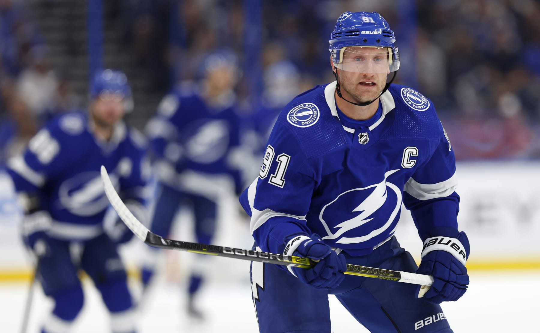 TAMPA, FLORIDA - OCTOBER 10: Steven Stamkos #91 of the Tampa Bay Lightning looks on during the opening night game against the Nashville Predators at Amalie Arena on October 10, 2023 in Tampa, Florida. (Photo by Mike Ehrmann/Getty Images)