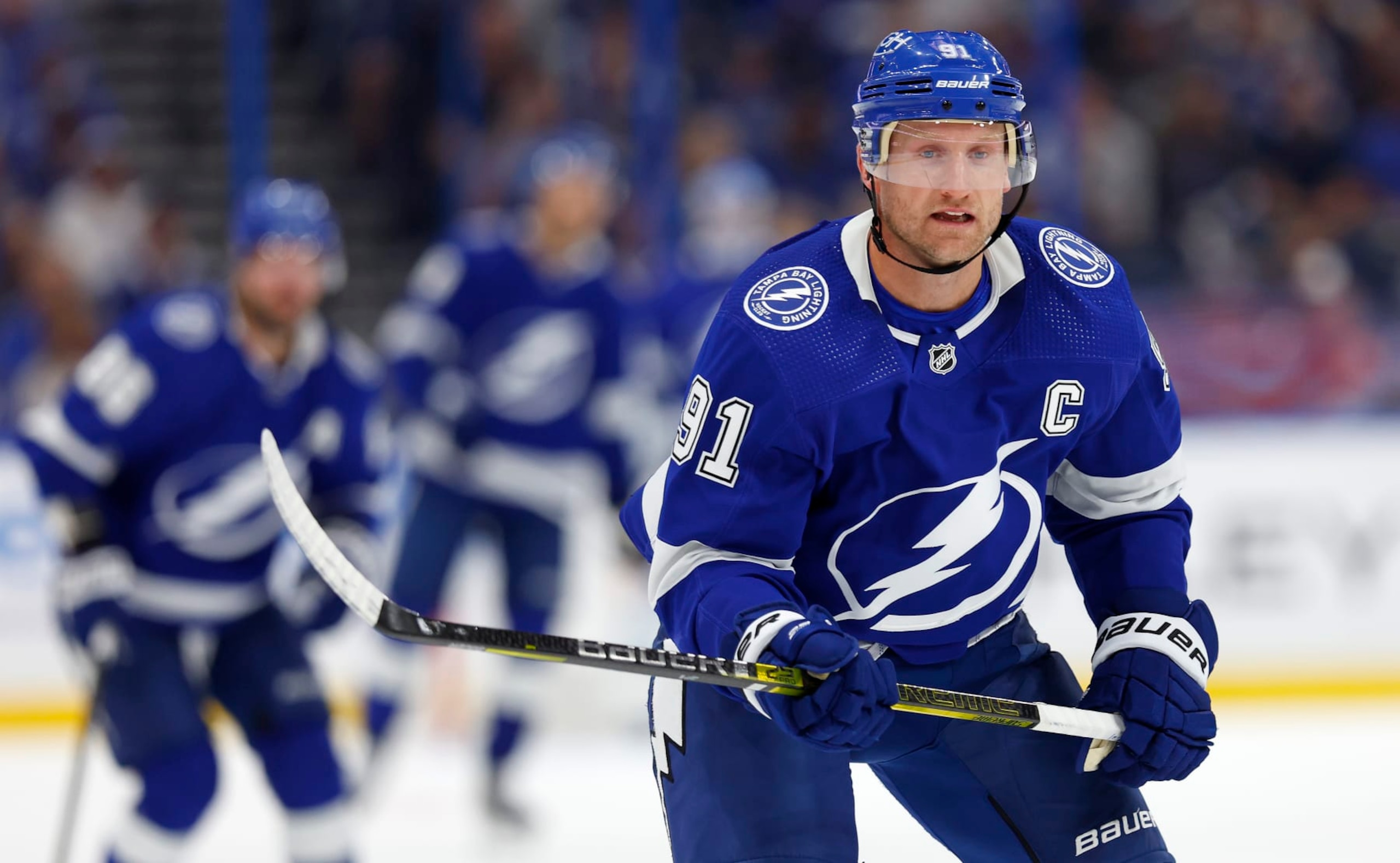 TAMPA, FLORIDA - OCTOBER 10: Steven Stamkos #91 of the Tampa Bay Lightning looks on during the opening night game against the Nashville Predators at Amalie Arena on October 10, 2023 in Tampa, Florida. (Photo by Mike Ehrmann/Getty Images) TAMPA, FLORIDA - OCTOBER 10: Steven Stamkos #91 of the Tampa Bay Lightning looks on during the opening night game against the Nashville Predators at Amalie Arena on October 10, 2023 in Tampa, Florida. (Photo by Mike Ehrmann/Getty Images)